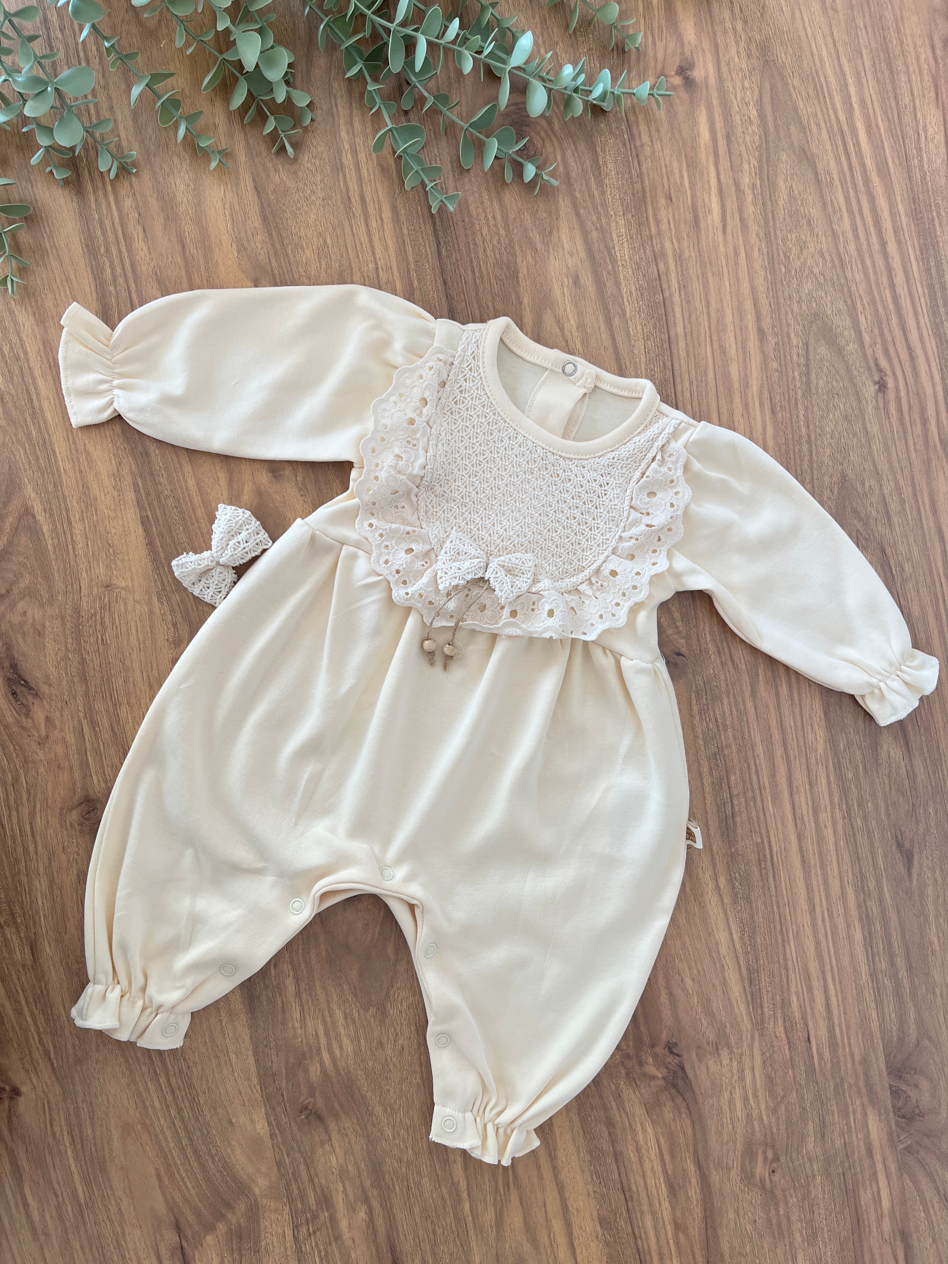Kız Bebek Amelia Tokalı Kız Bebek Tulum - Krem Renk