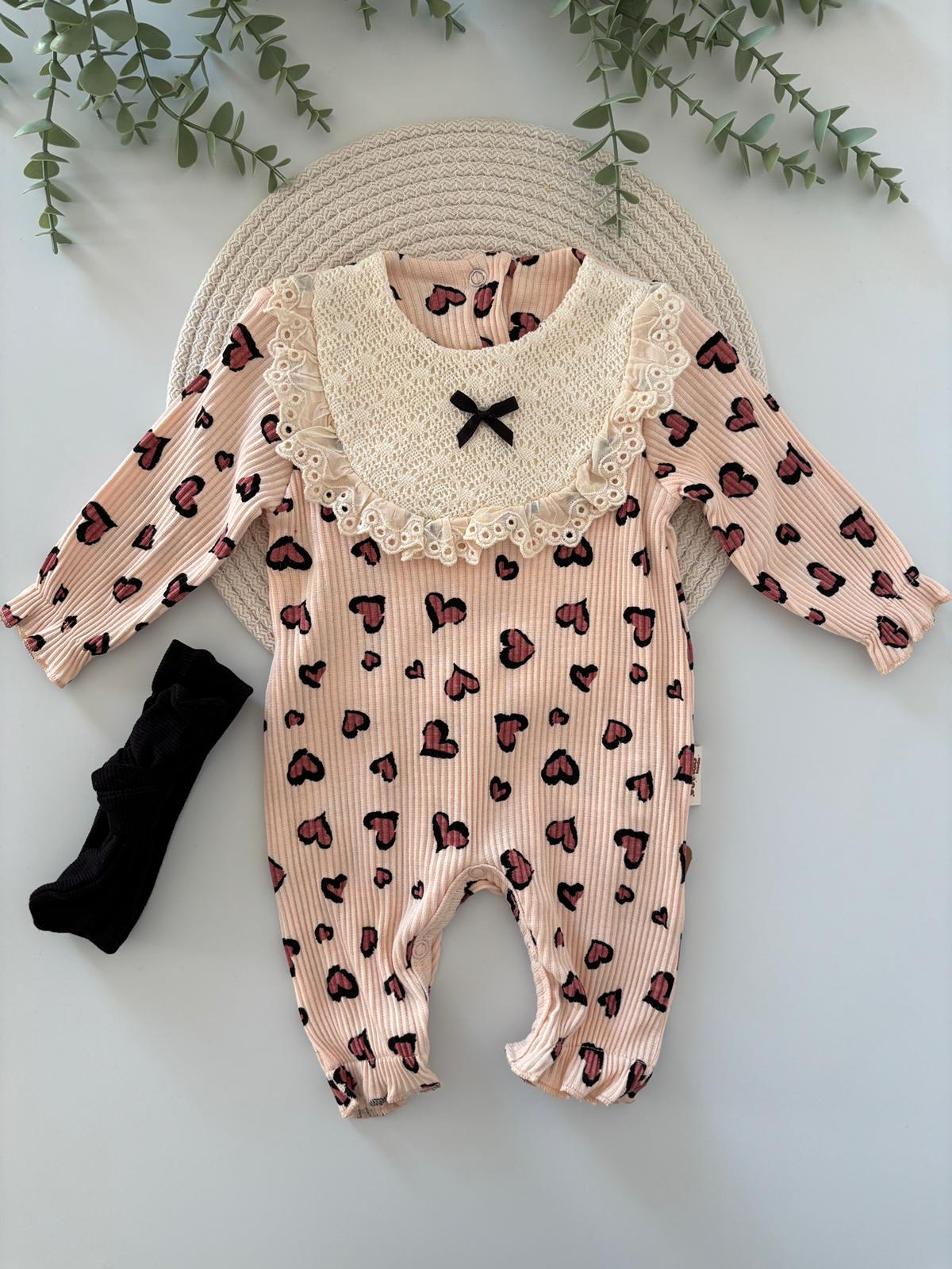 Kız Bebek Kalpli Bandanalı Tulum Gül Kurusu Renk