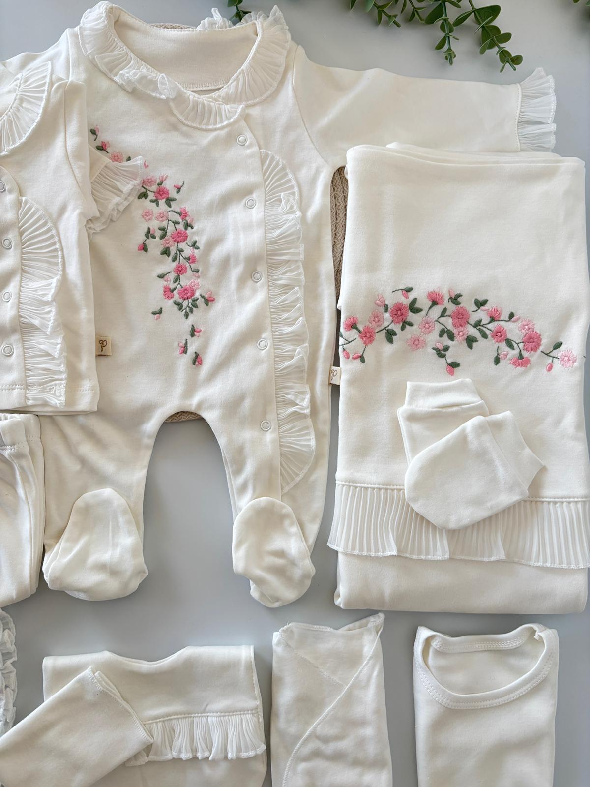 Kız Bebek Premium Çiçek Nakışlı 10'lu Hastane Çıkışı