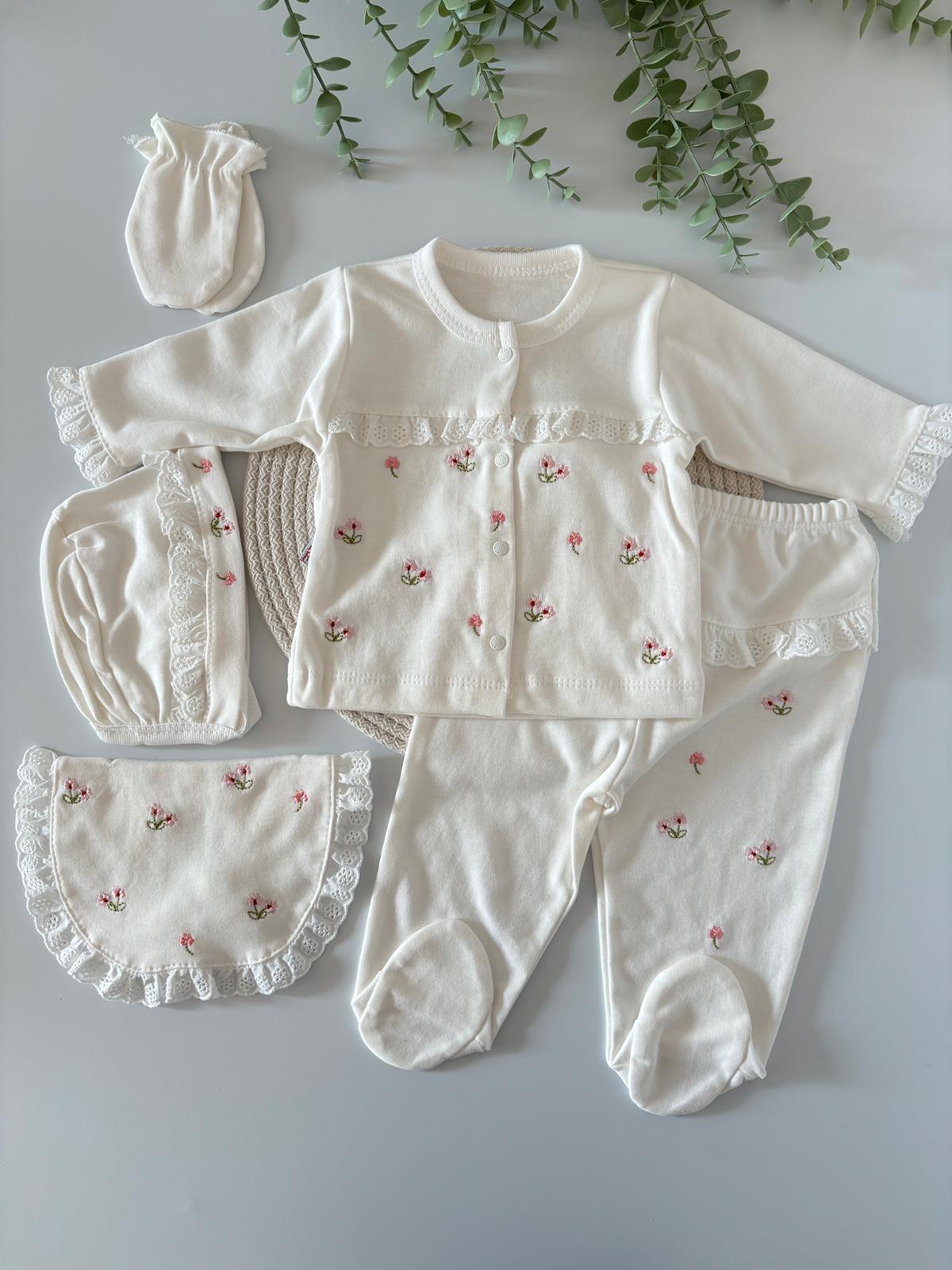 Kız Bebek 0-3 Ay Çiçek Nakışlı 5'li Set Ekru Renk