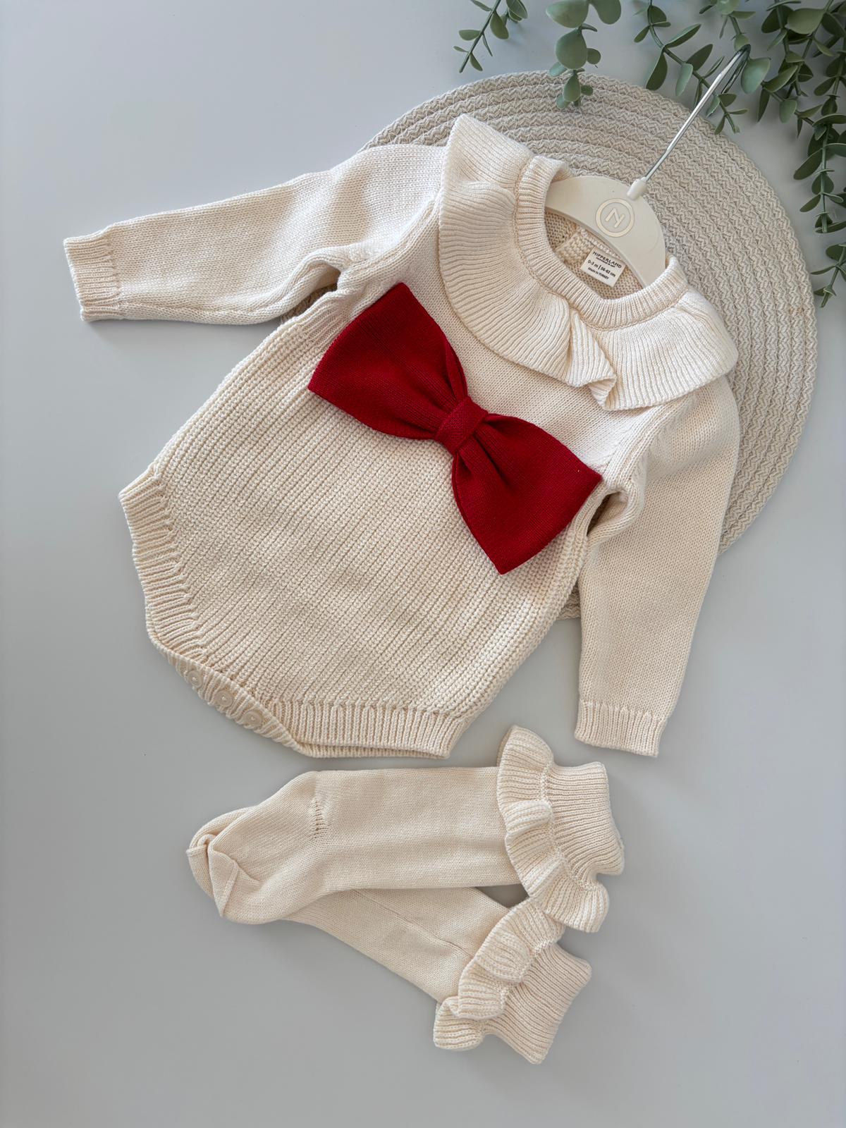 Kız Bebek Premium Organik Kırmızı Yeni Yıl Fiyonk Detaylı Romper 