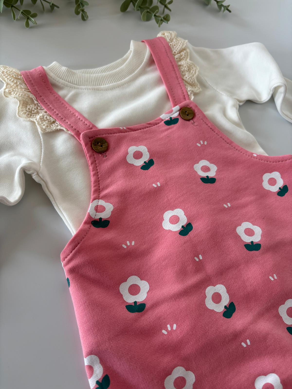 Kız Bebek Baskılı Salopetli Takım Koyu Pembe