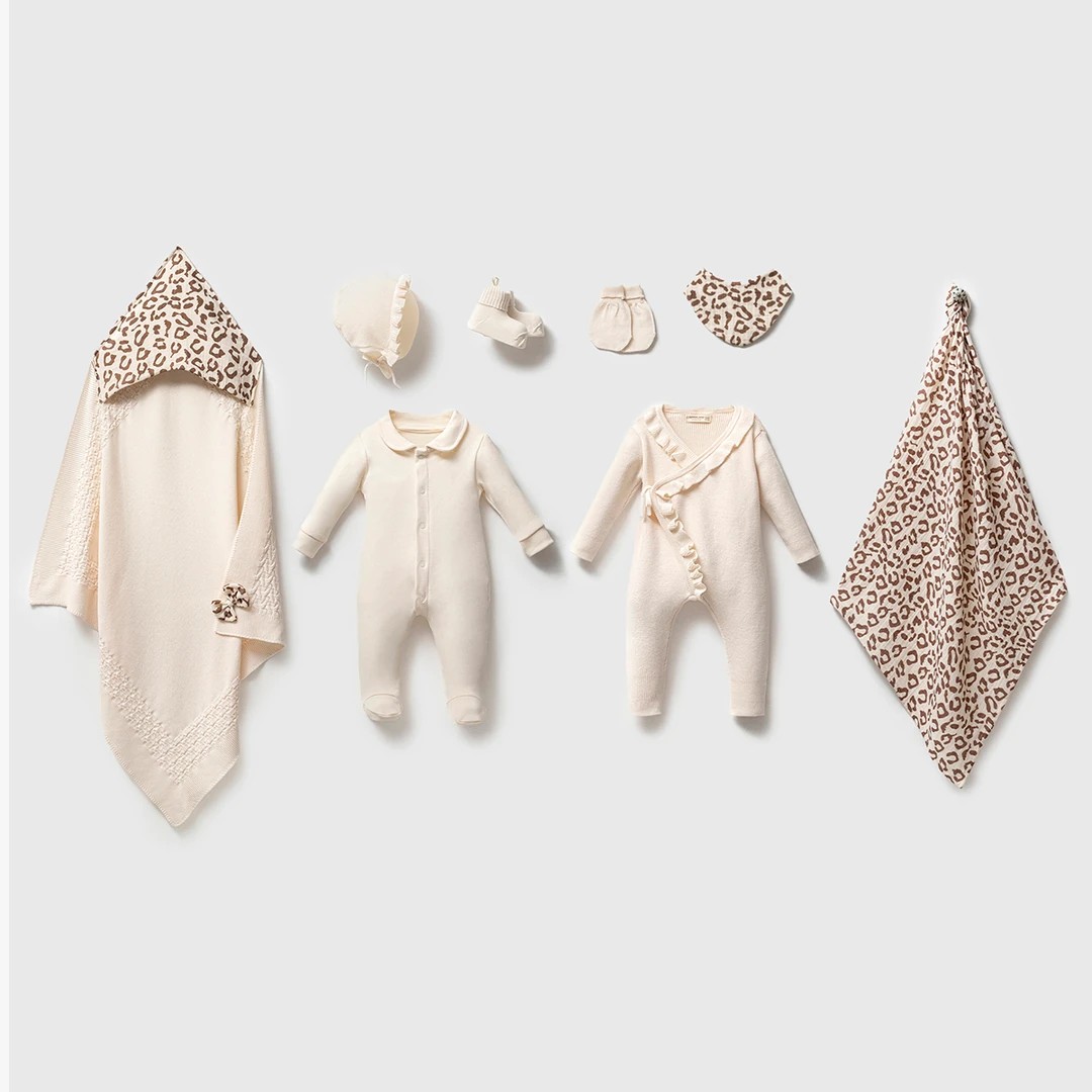 Kız Bebek Premium Dora Leopar Desenli Kruvaze Model Triko ve Müslin Krem Renk Hastane Çıkışı