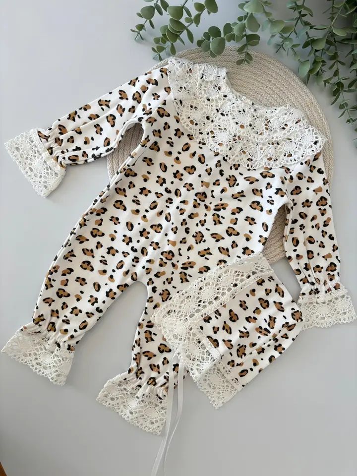 Kız Bebek 0-3 Ay Dantelli Leoparlı Tulum - Ekru Renk
