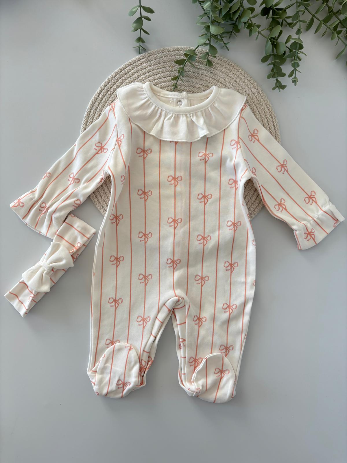 Kız Bebek Pamuklu Fiyonk Baskılı Tulum Somon Renk