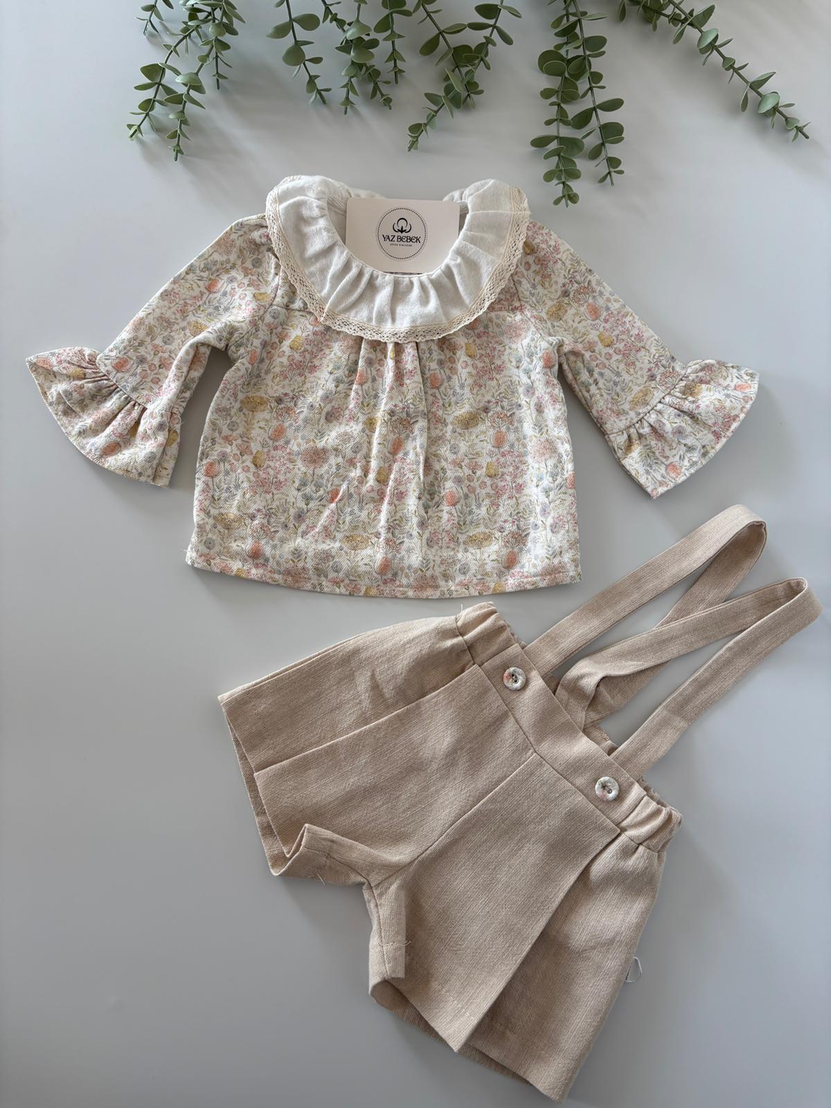 Kız Bebek 6-24 Ay Çiçekli 2’li Takım Bej Renk