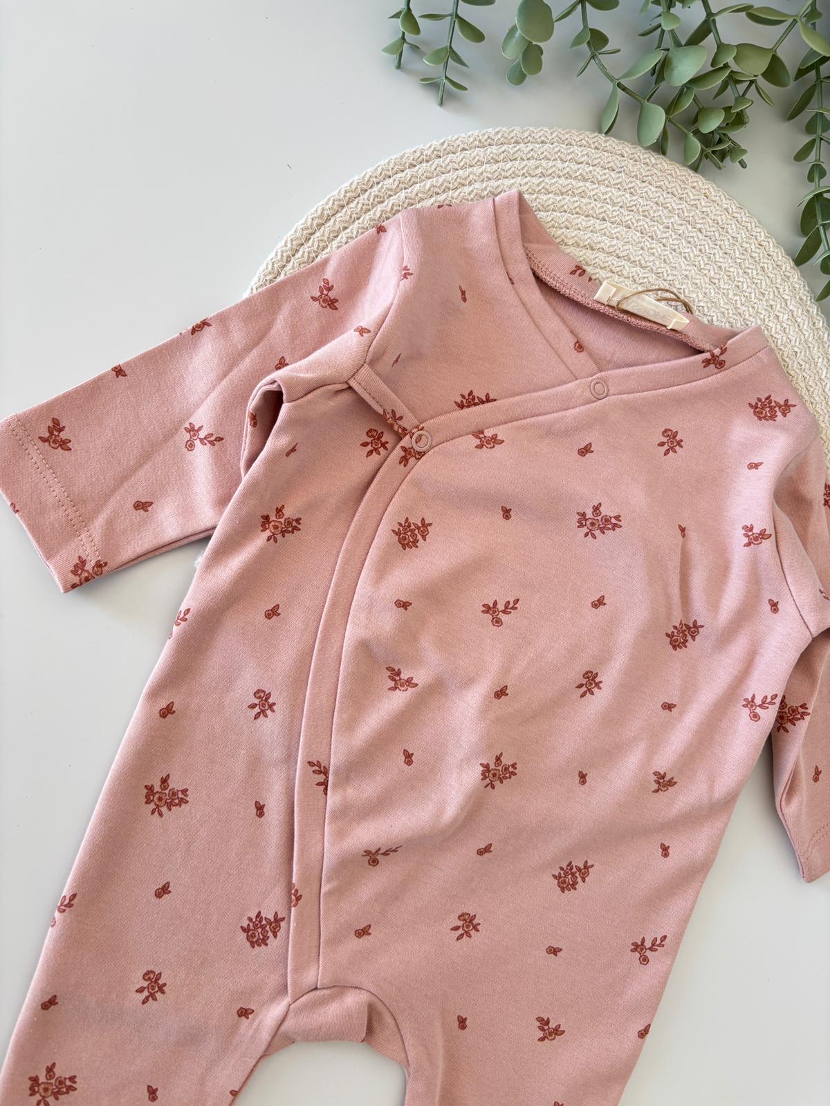 Çiçek Baskılı Organik Kız Bebek Tulum Pudra Renk