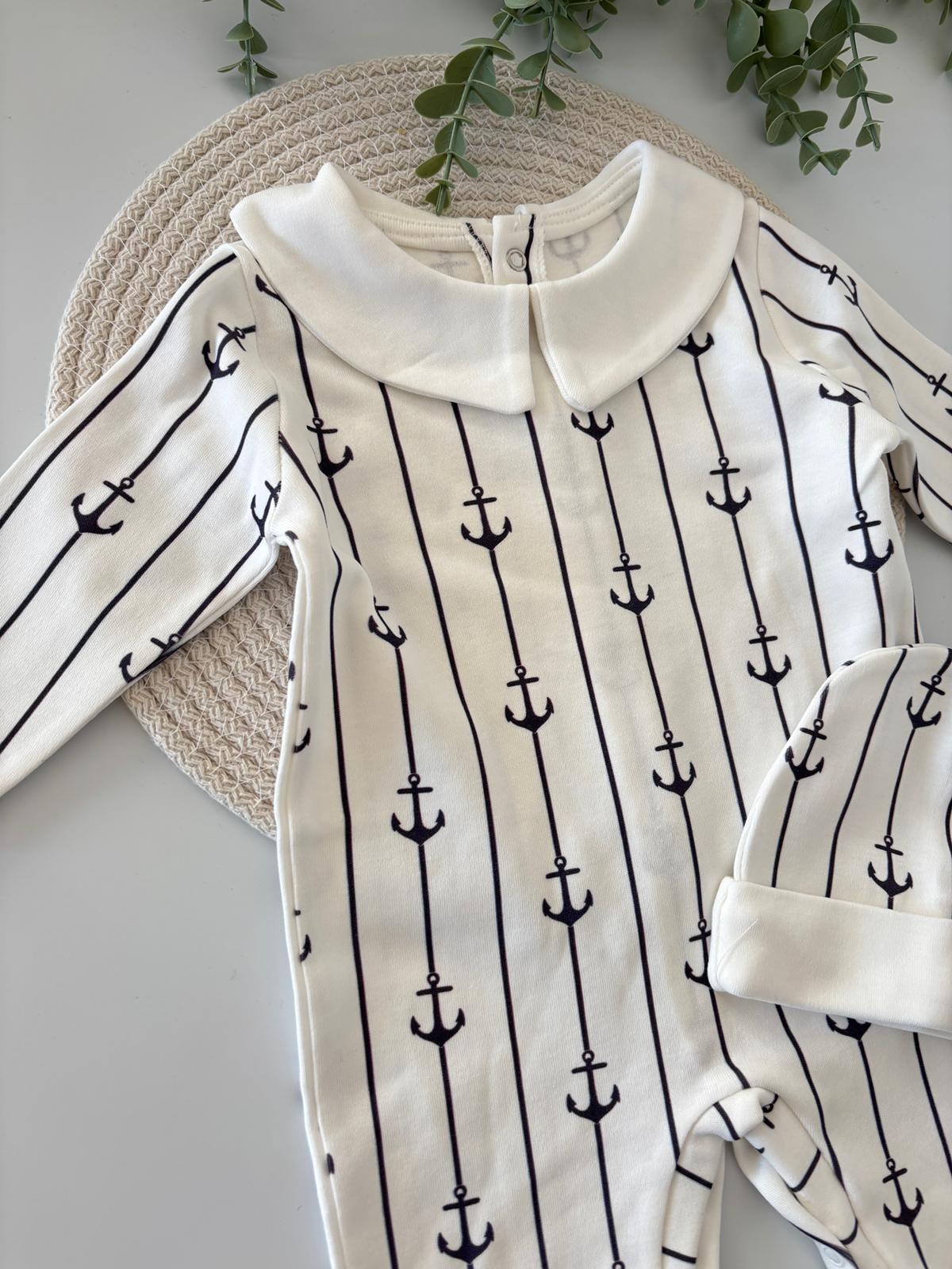 Erkek Bebek Pamuklu Çapa Baskılı Tulum Lacivert