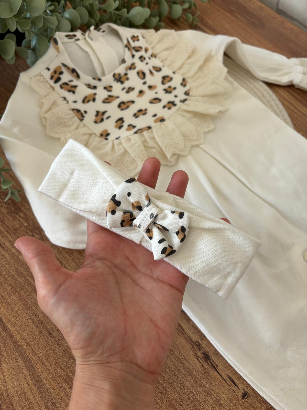 Kız Bebek Pamuklu Fistolu Leopar Desenli Tulum – Ekru Renk