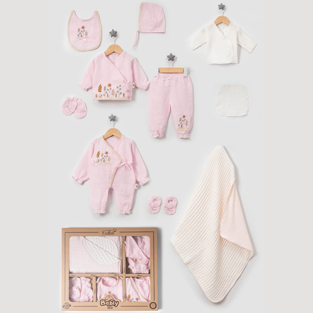 Kız Bebek Çiçek Nakış Müslin 10'lu Set Pembe Renk