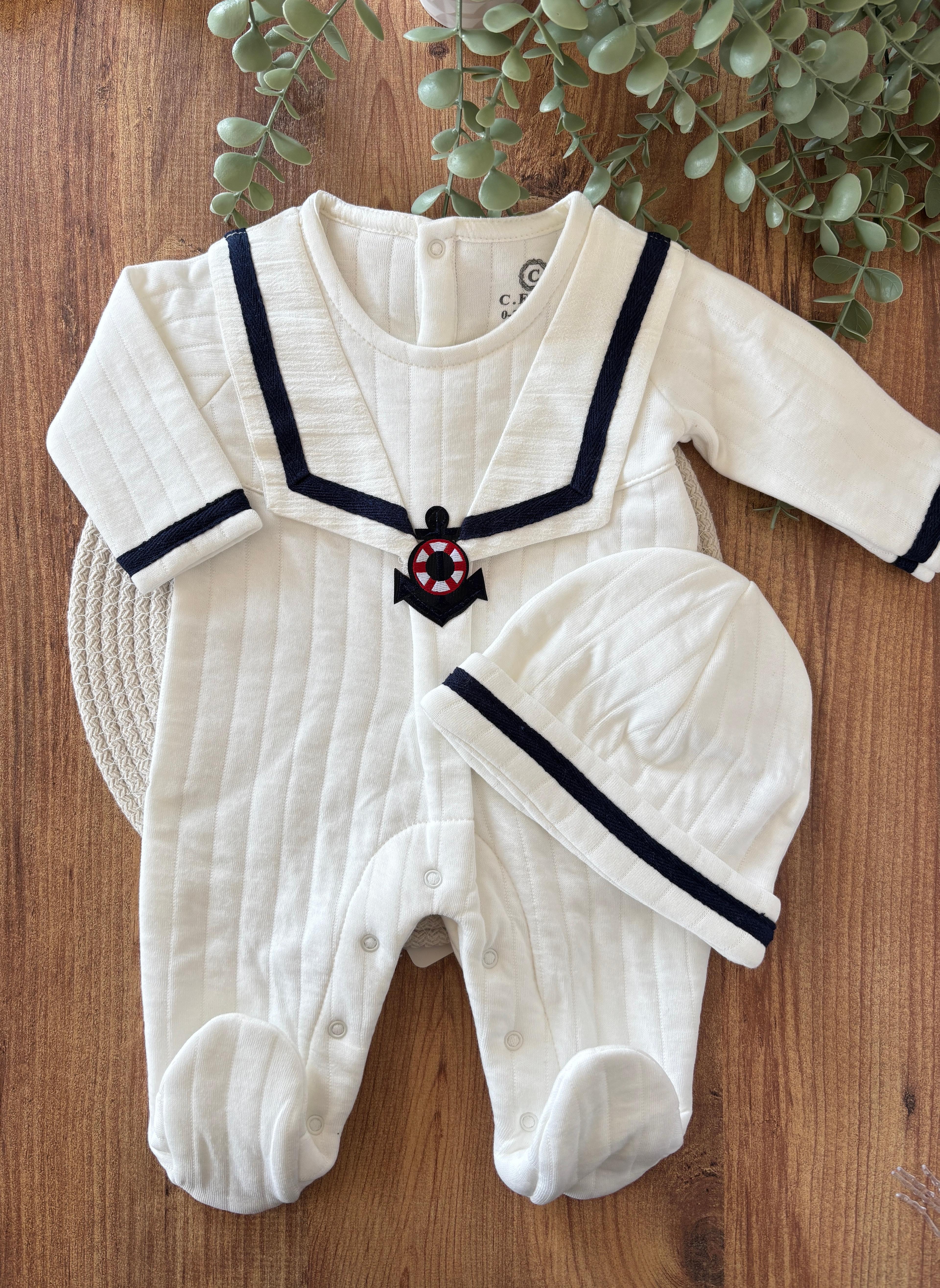 Erkek Bebek 3-6-9 Ay Denizci Kapitone Tulum %100 Pamuk