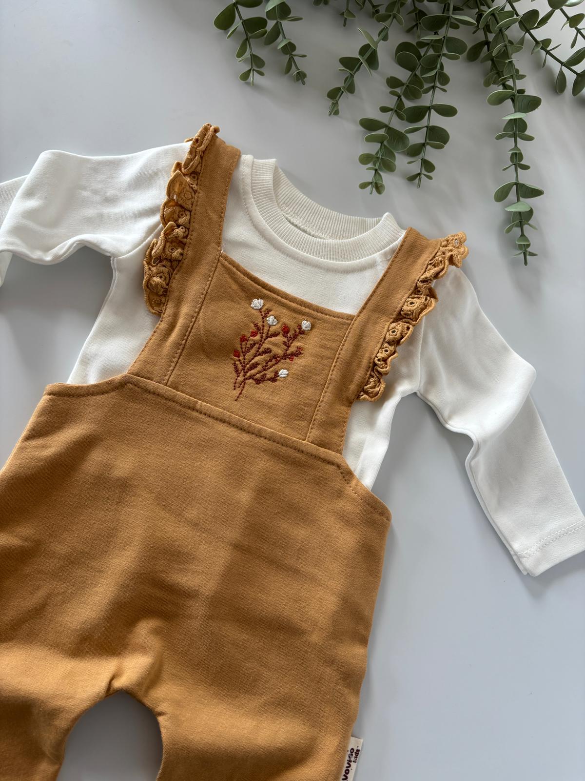 Kız Bebek Gövde Çiçek Nakışlı Takım Hardal Renk