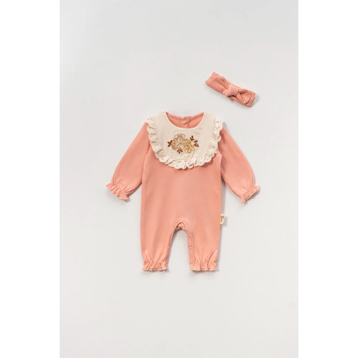 Kız Bebek Pamuklu Gül Kanaviçe İşlemeli Bandanalı Tulum