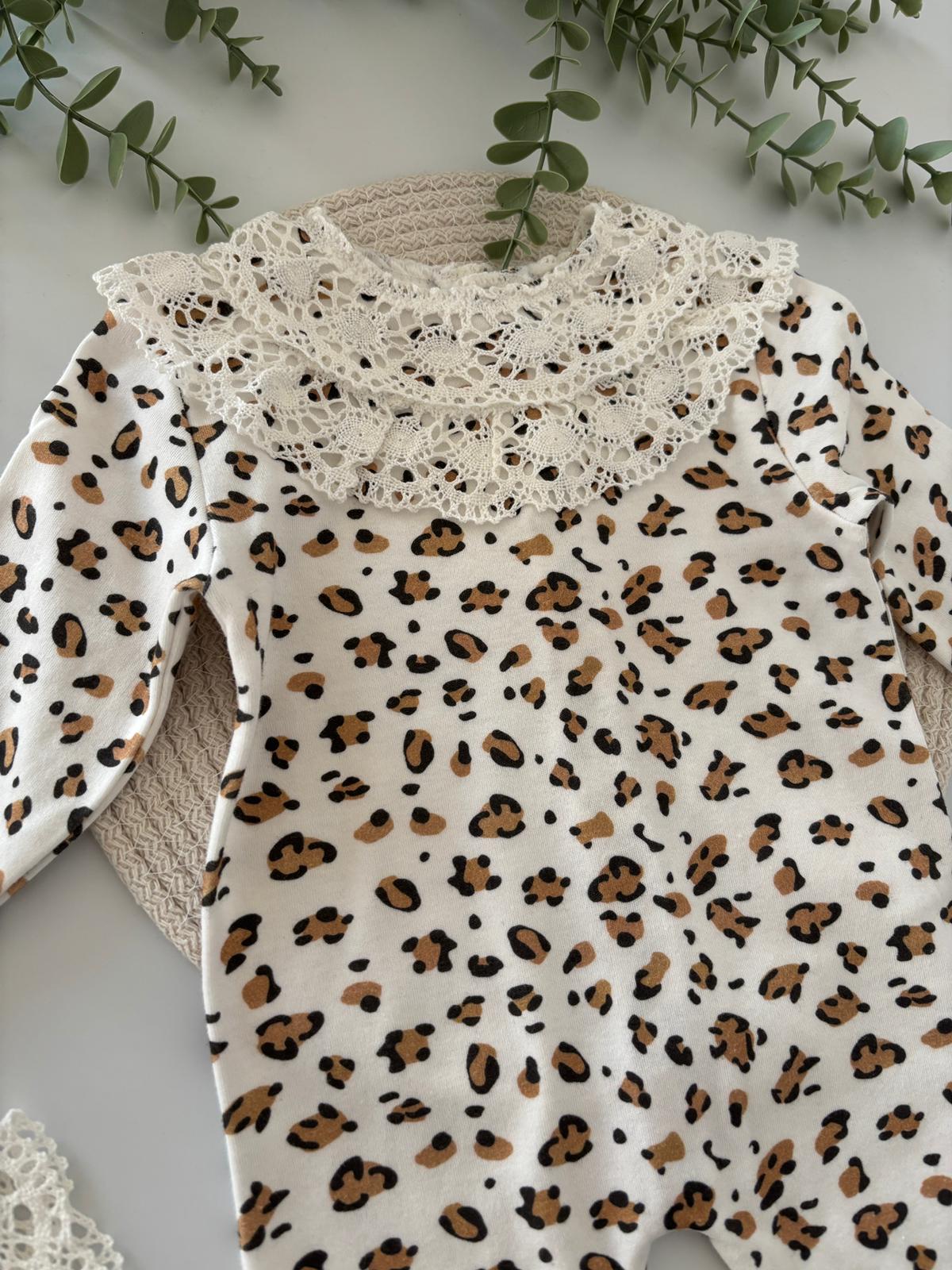 Kız Bebek 0-3 Ay Dantelli Leoparlı Tulum - Ekru Renk