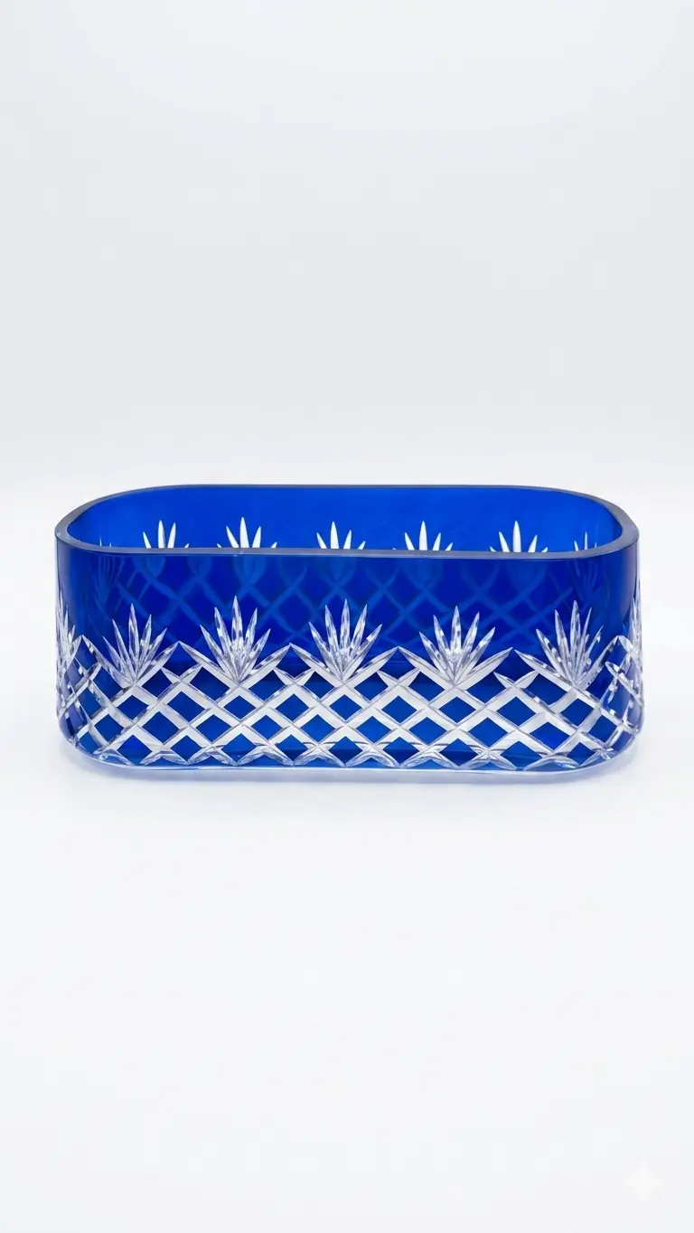 وعاء كريستال أزرق شراشيب نقش مستطيل 11*24 cm