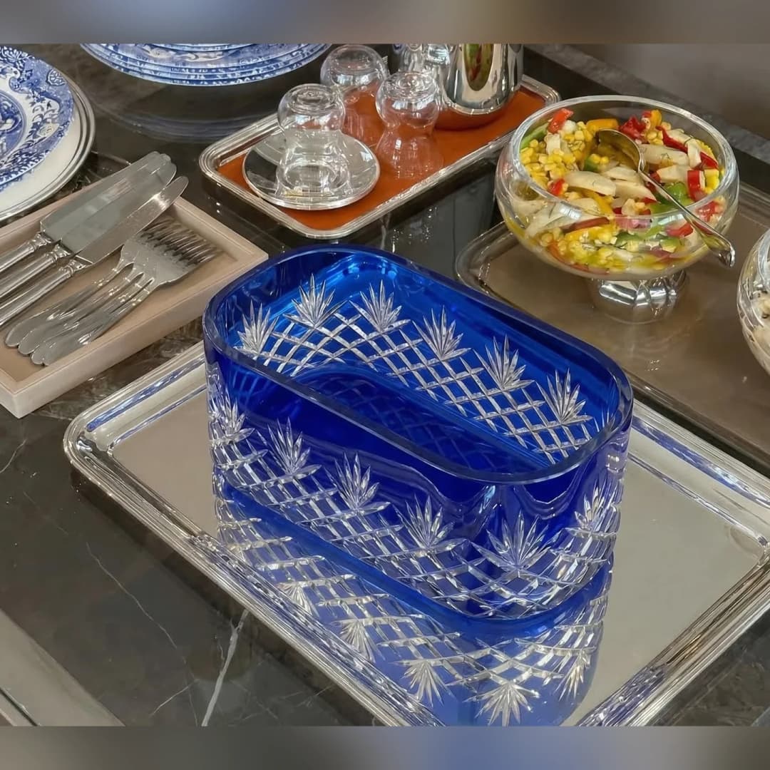 وعاء كريستال أزرق شراشيب نقش مستطيل 11*24 cm