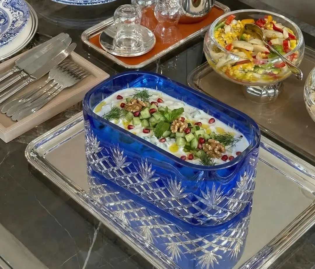 وعاء كريستال أزرق شراشيب نقش مستطيل 11*24 cm