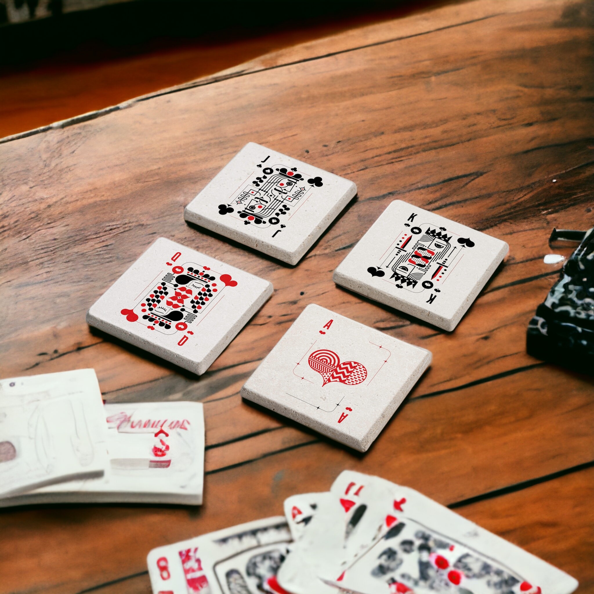 Poker ve Blackjack Temalı As Papaz Kız Joker İskambil Doğal Taş Traverten Bardak Altlığı Stone Coasters 4 lü Set