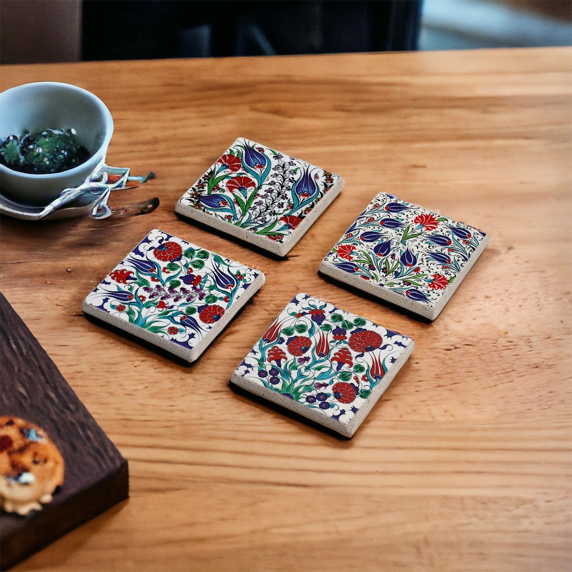 Mavi Karanfil Temalı Çini Tile Doğal Taş Traverten Bardak Altlığı Stone Coasters 4 lü Set