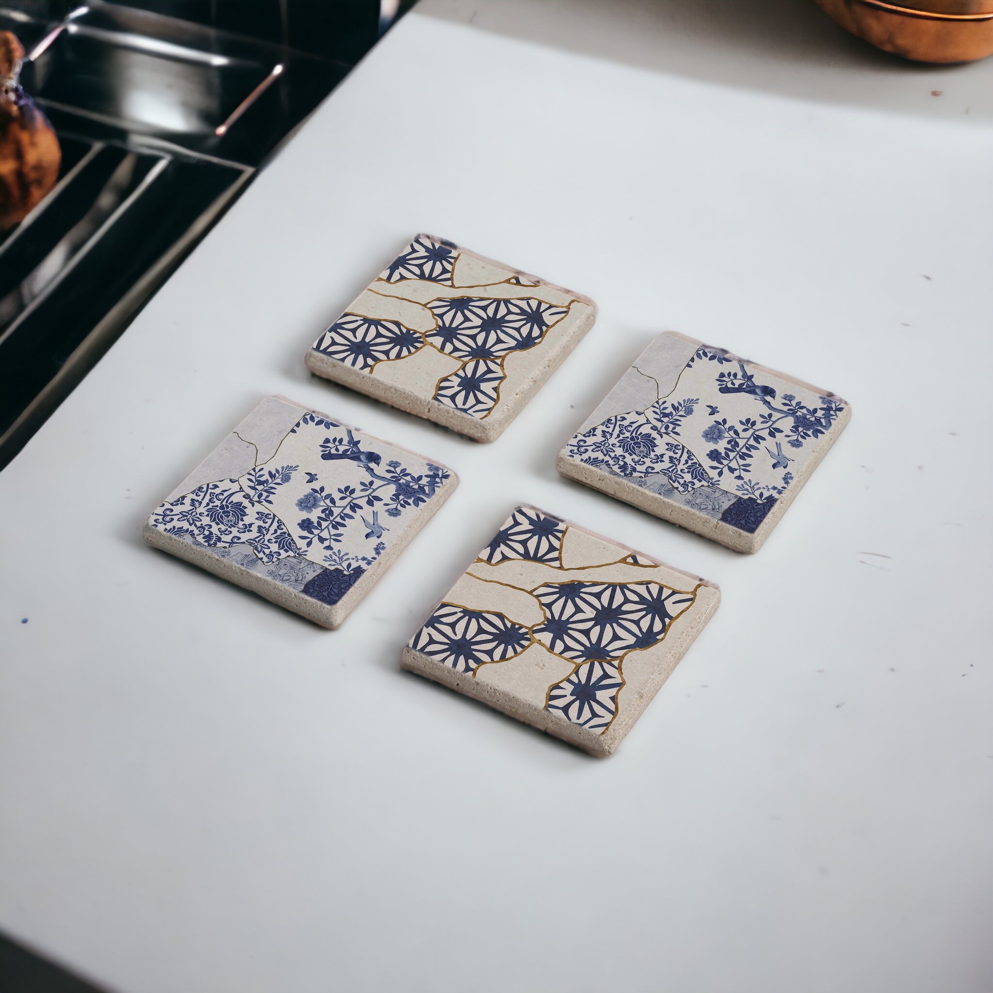 Kintsugi Sanatı Kintsukuroi Art Temalı Doğal Taş Traverten Bardak Altlığı Stone Coasters 4 lü Set