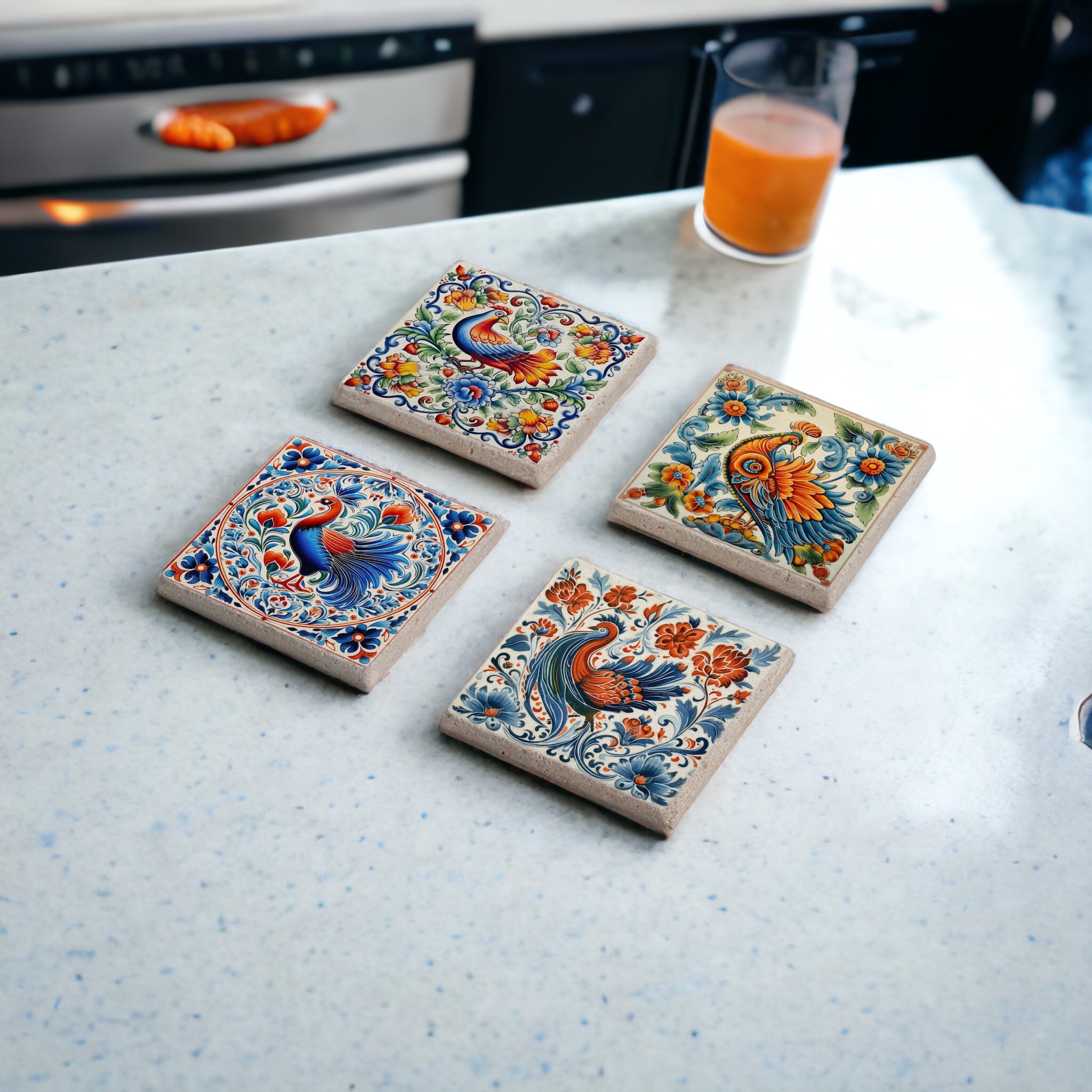 Mavi Horozlu Tile Desen Temalı Mexican Talavera Doğal Taş Traverten Bardak Altlığı Stone Coasters 4 lü Set