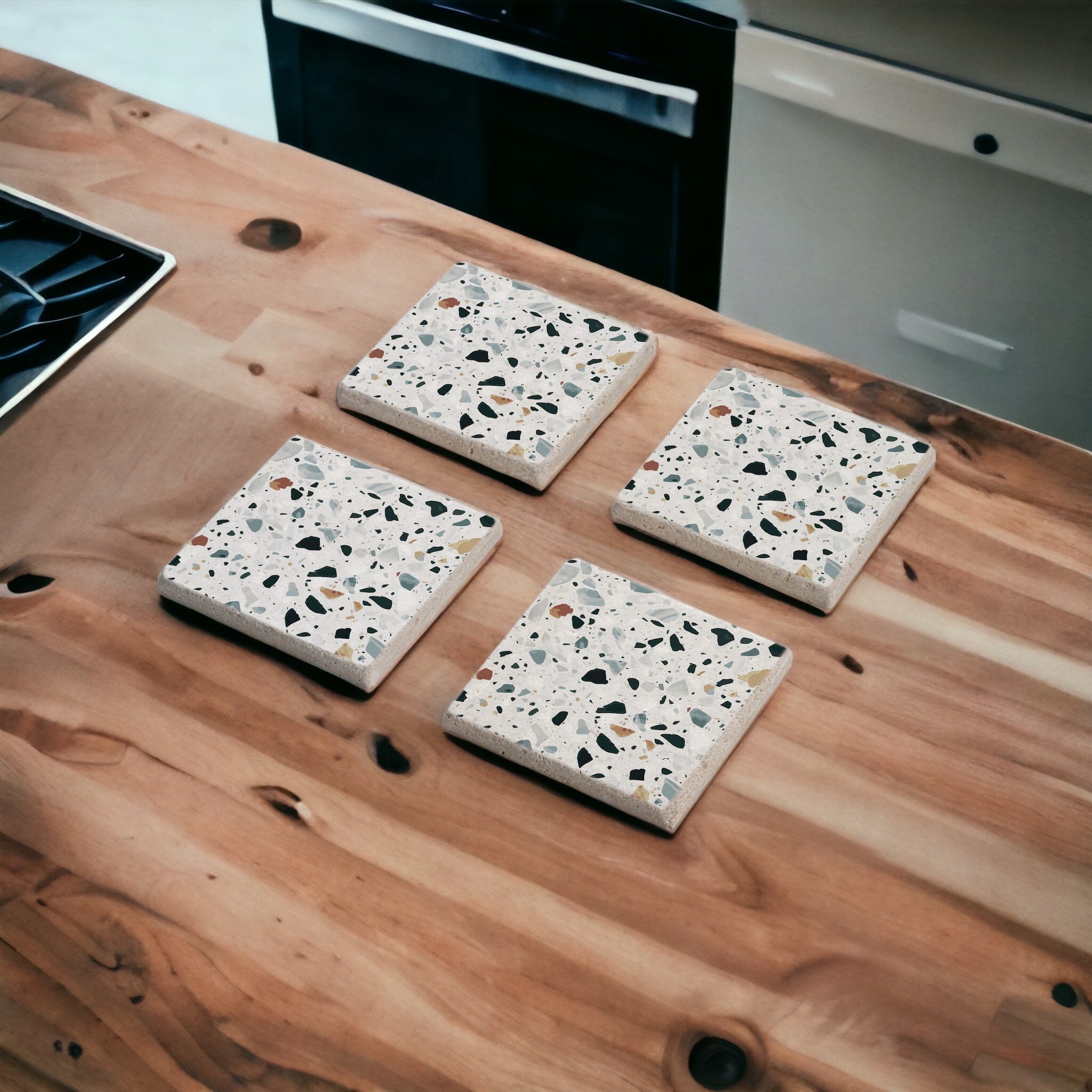 Beyaz Terrazzo Temalı Tile Desen Doğal Traverten Taş ve Ahşap Bardak Altlığı Stone Coasters 4 lü Set