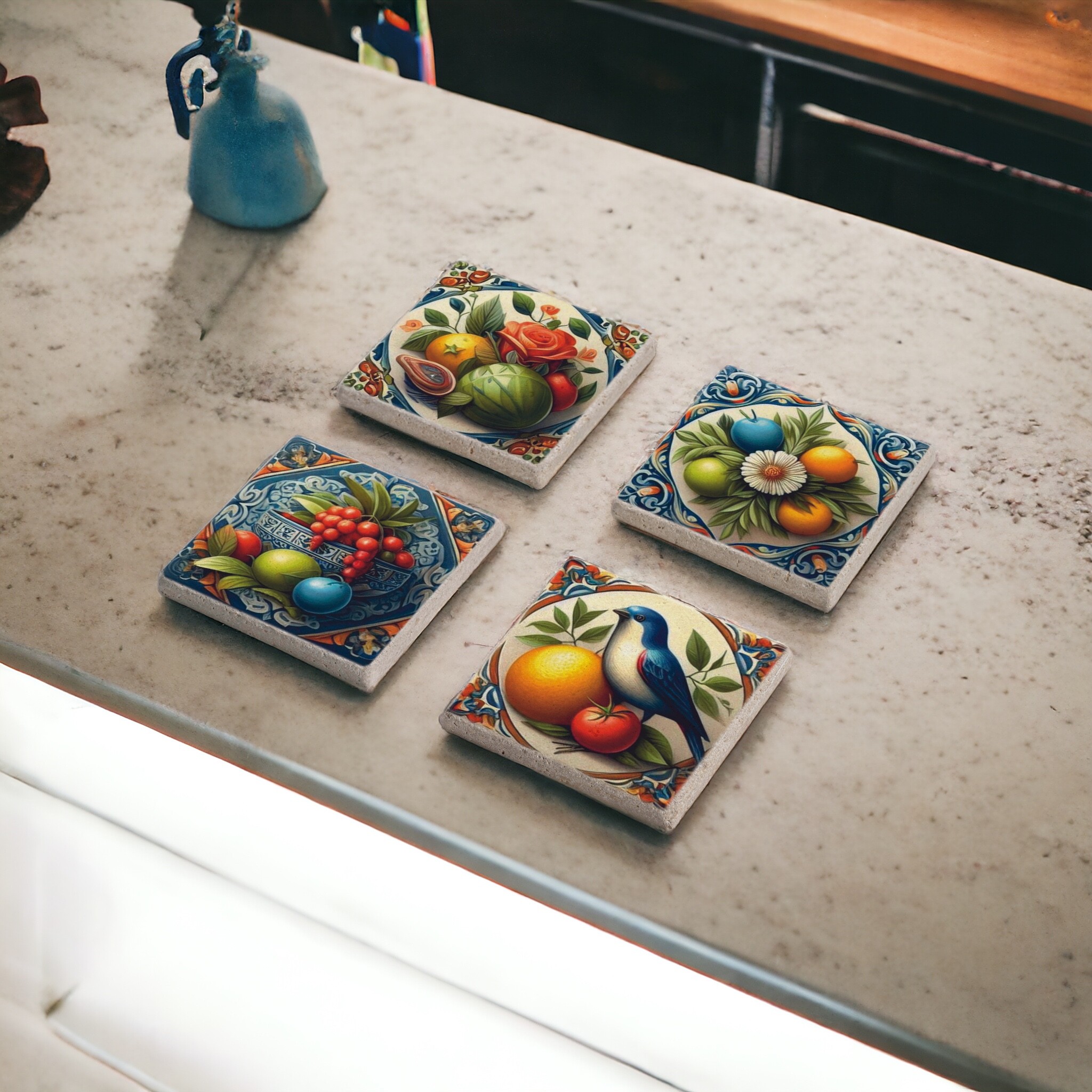 Spanish Talavera Çini Desen Tile Tema Doğal Taş Traverten Bardak Altlığı Stone Coasters 4 lü Set