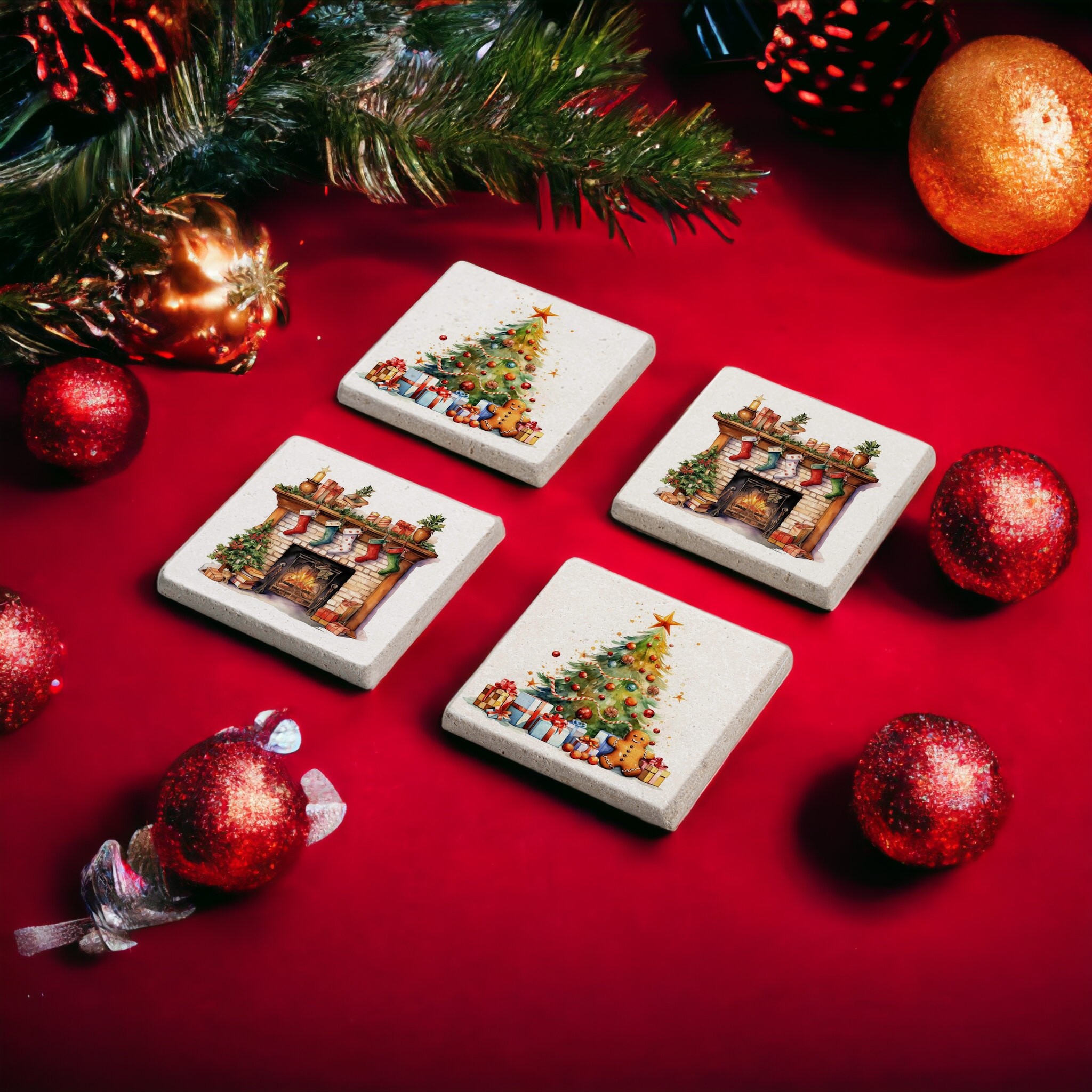 Christmas Şömine ve Ağaç Temalı Noel Hediyesi Doğal Taş Traverten Bardak Altlığı Stone Coasters 4 lü Set