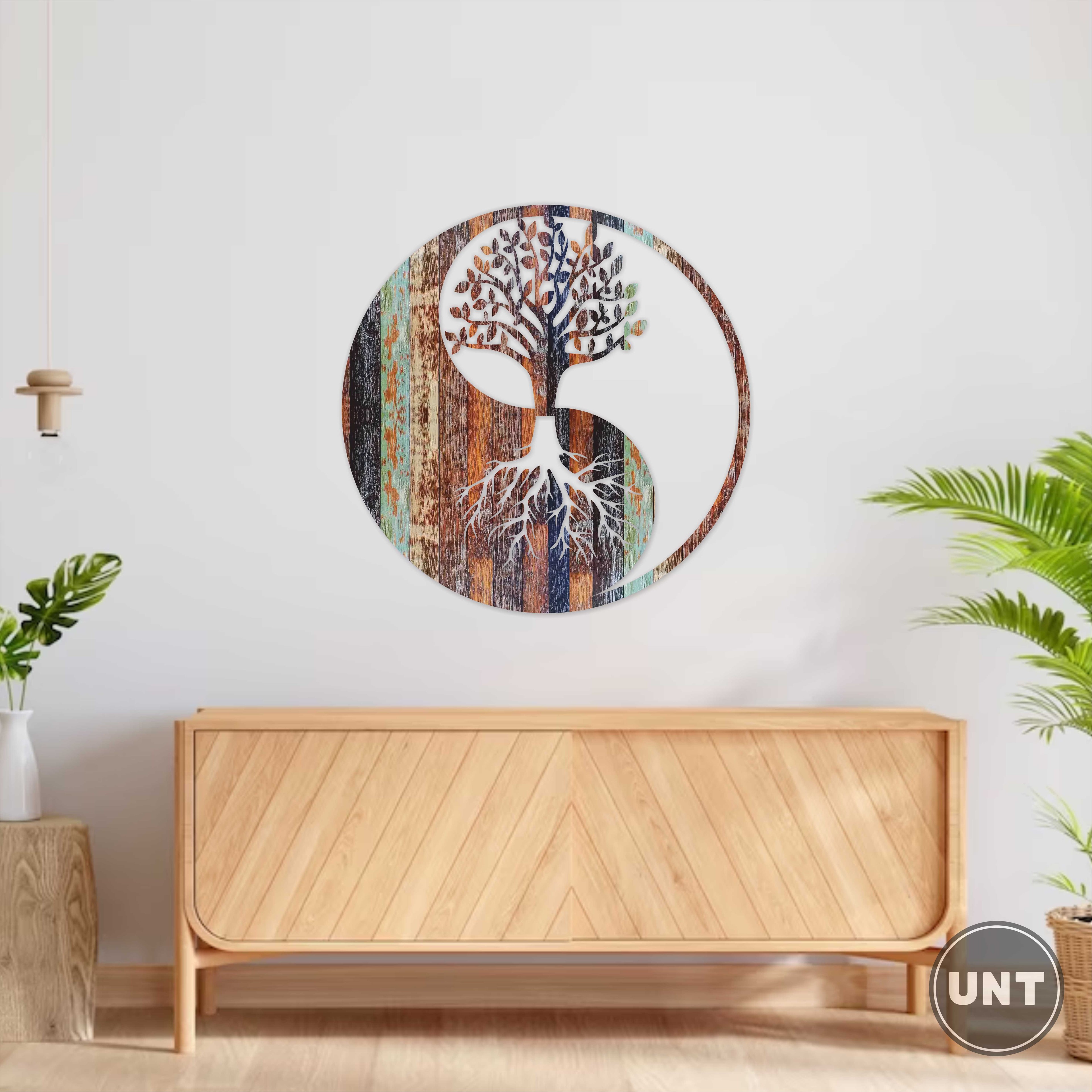 Renkli Yaşam Ağacı Yin Yang Duvar Dekoru Ahşap Dekoratif Renkli Tablo Wall Decor