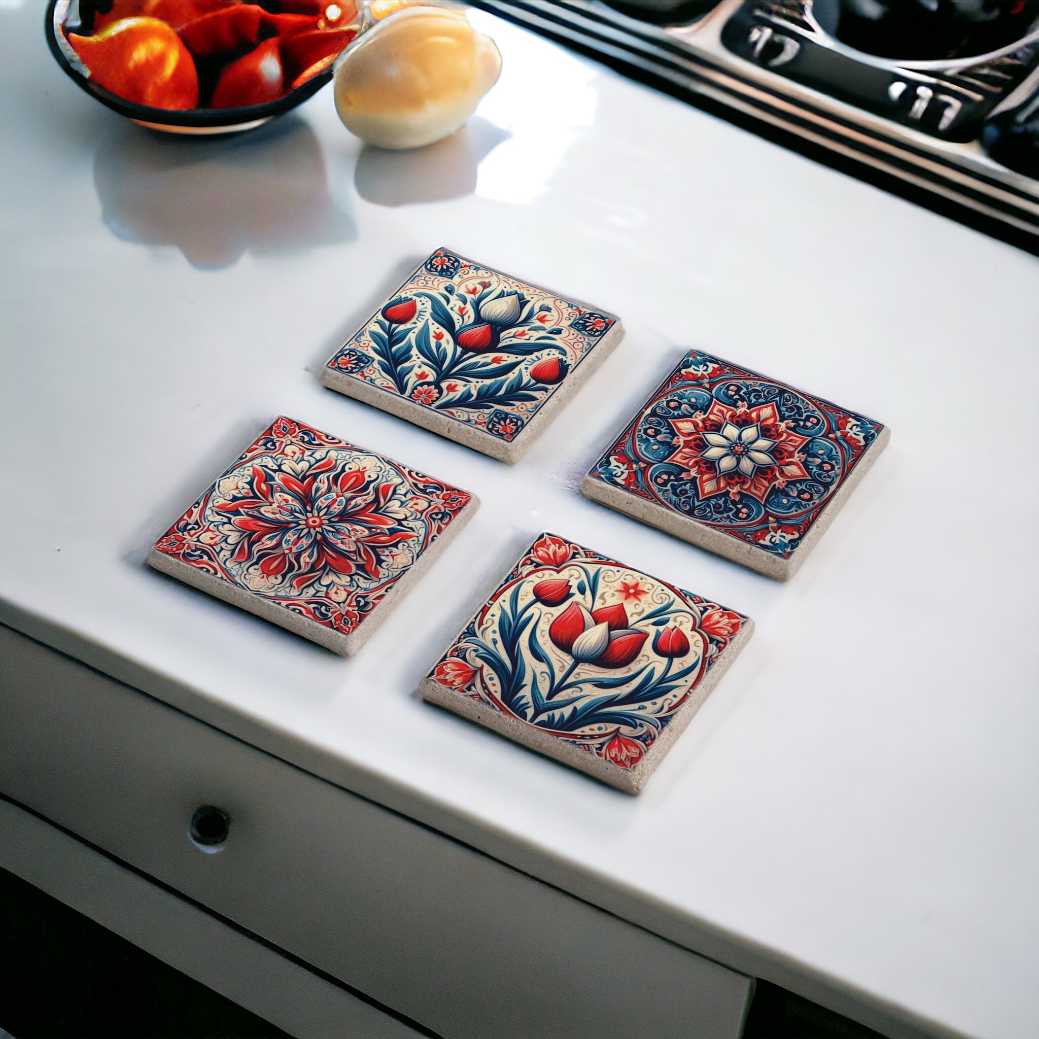 Türk Çini Tile Temalı Etnik Desen Doğal Taş Traverten Bardak Altlığı Stone Coasters 4 lü Set