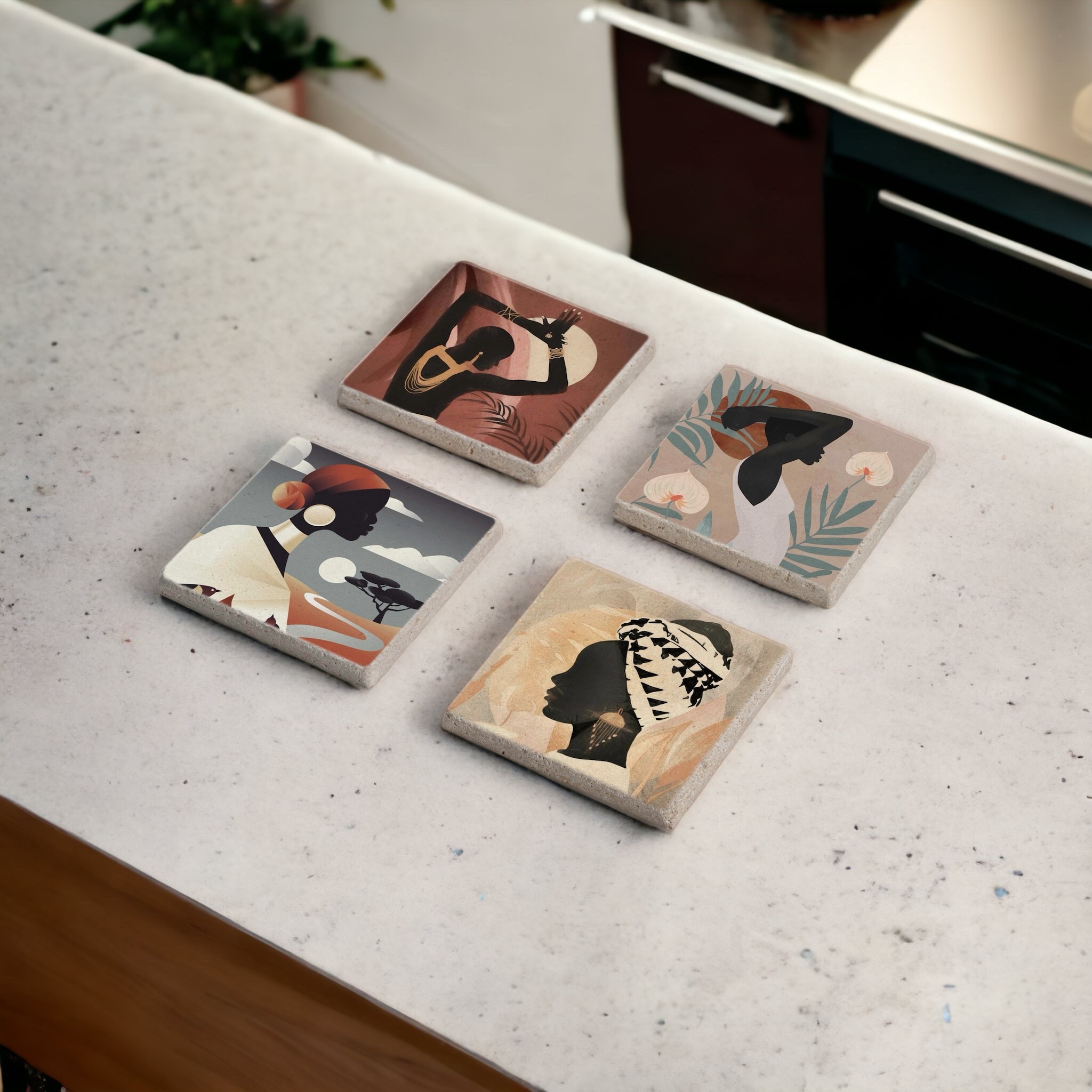 Afrikalı Kadınlar Temalı African Womens Doğal Taş Traverten Bardak Altlığı Stone Coasters 4 lü Set