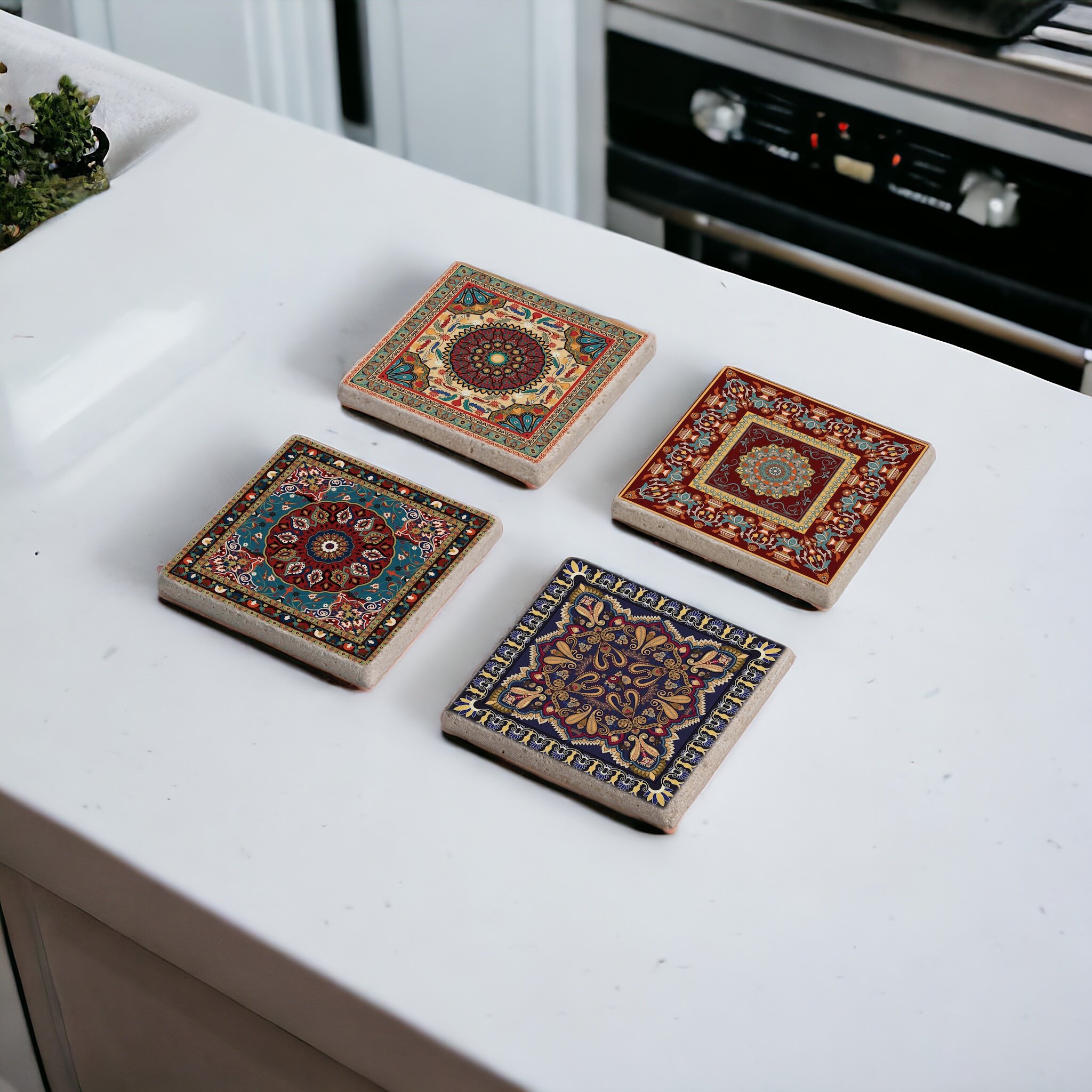 Vintage Etnik Tile Kilim Desen Temalı Doğal Taş Traverten Bardak Altlığı Stone Coasters 4 lü Set