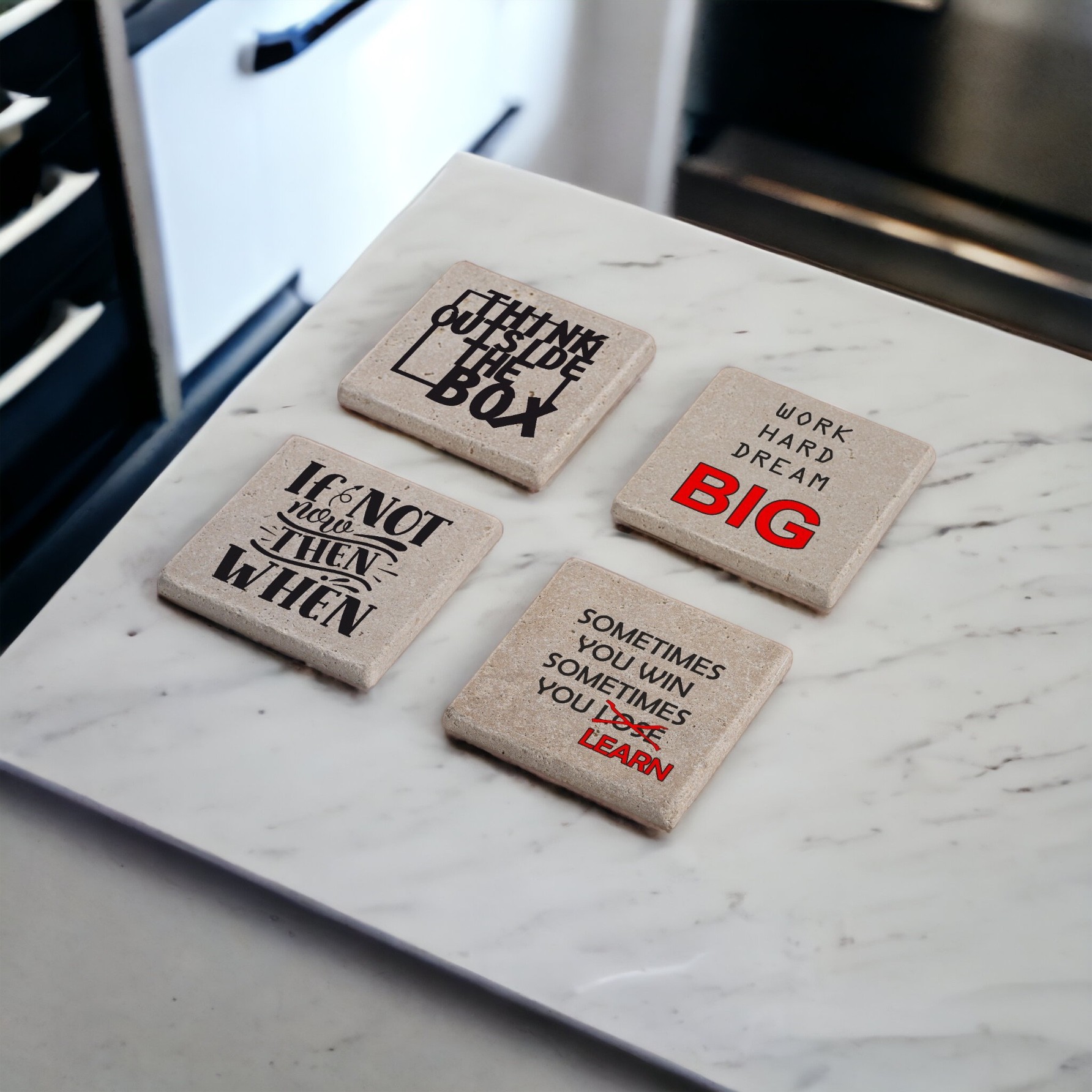 Motivasyon Motto Kişisel Gelişim Temalı Doğal Taş Traverten Bardak Altlığı Stone Coasters 4 lü Set