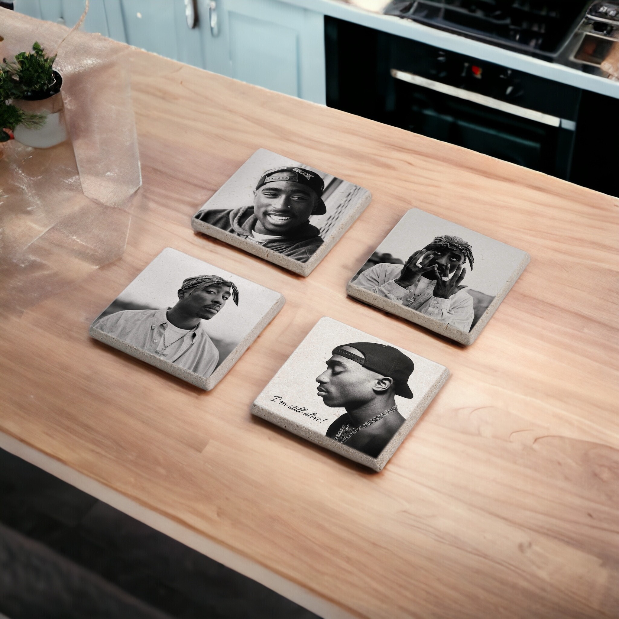 Tupac Shakur 2pac Temalı Doğal Taş Traverten Bardak Altlığı Stone Coasters 4 lü Set