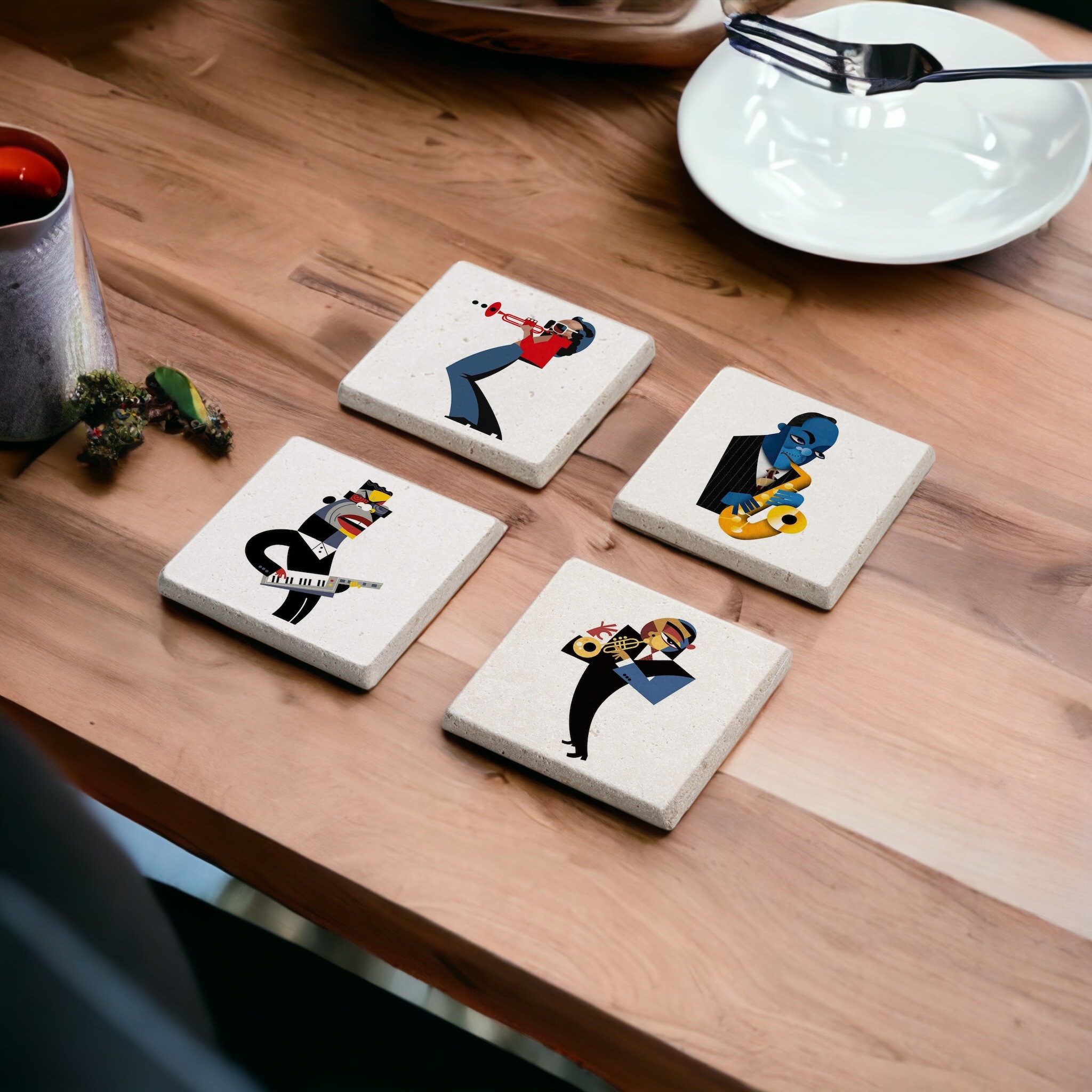 Müzisyen İllüstrasyon Müzik Sanatı Temalı Doğal Taş Traverten Bardak Altlığı Stone Coasters 4 lü Set