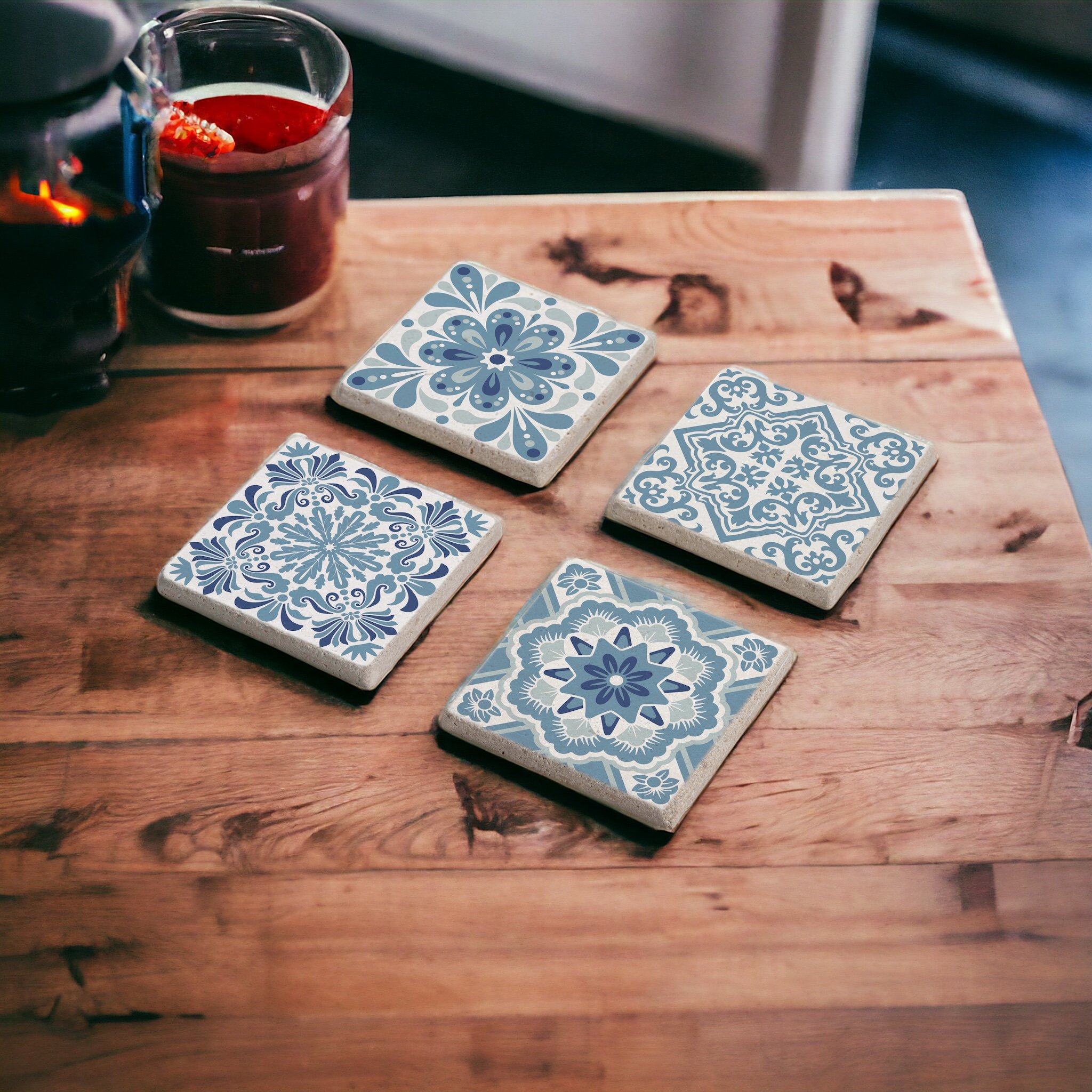 Açık Mavi Tile Desen Temalı Mexican Talavera Doğal Taş Traverten Bardak Altlığı Stone Coasters 4 lü Set