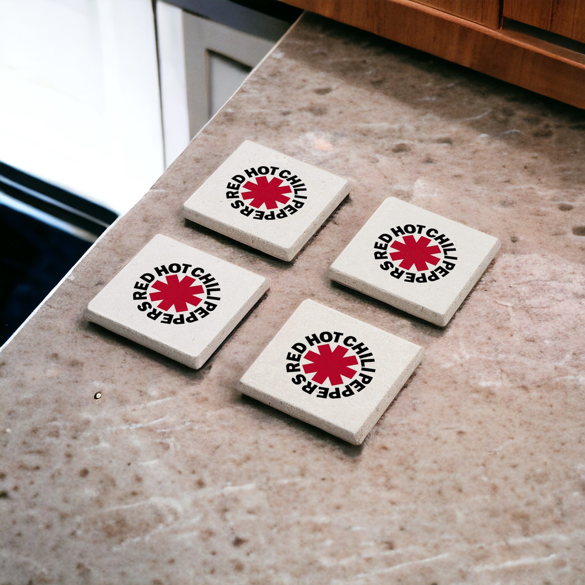 Red Hot Chili Peppers RHCP Rock Temalı Doğal Taş Traverten Bardak Altlığı Stone Coasters 4 lü Set