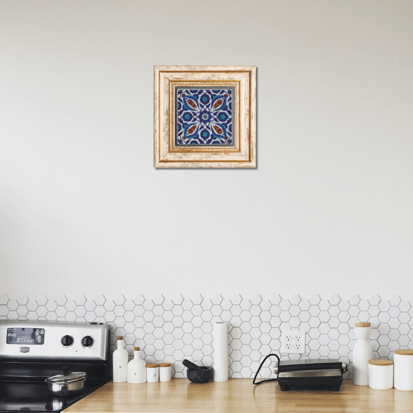 Mavi Çini Tile Desen Taş Duvar Dekoru Çerçeveli Dekoratif Tablo Wall Decor