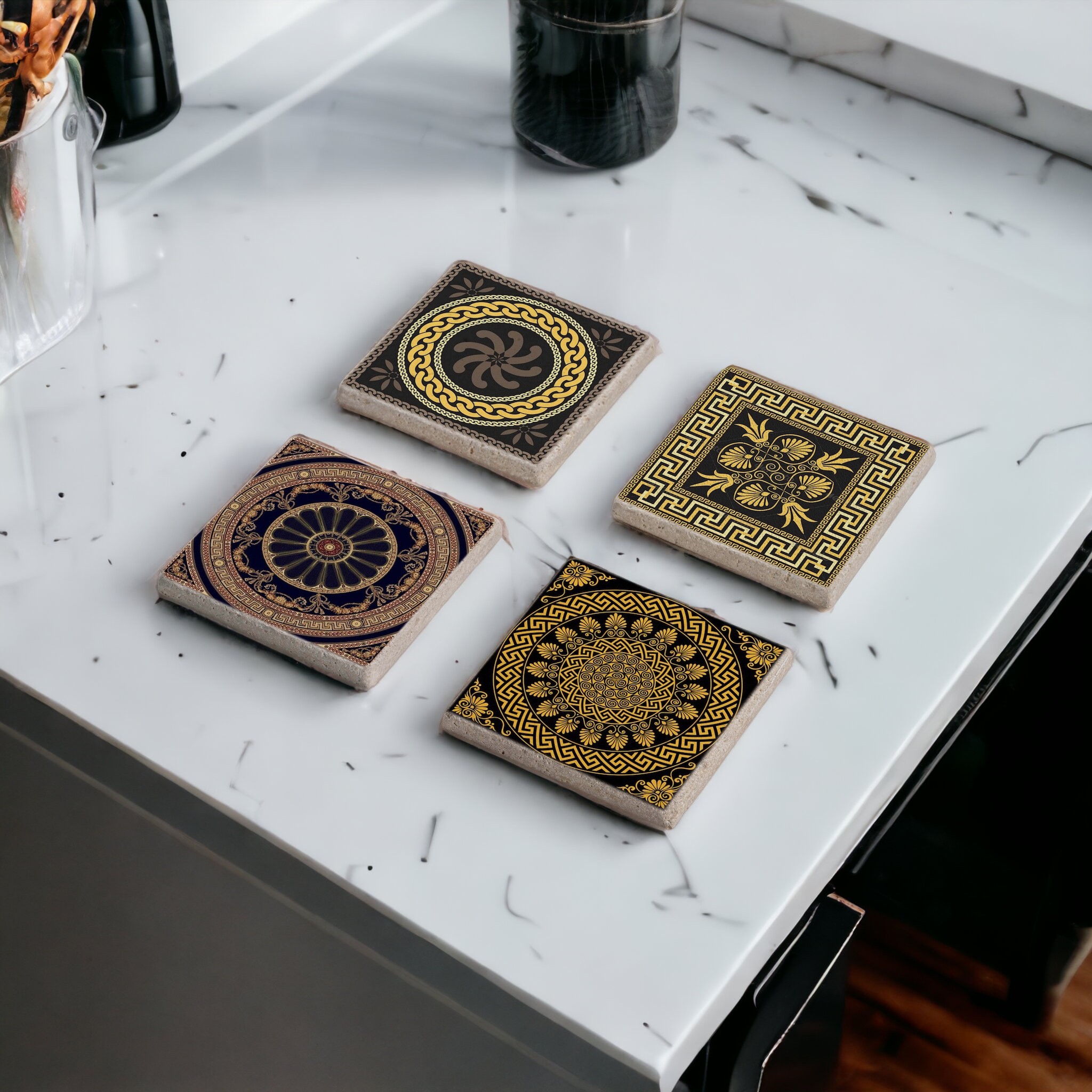 Greek Ornament Yunan Motif Temalı Doğal Taş Traverten Bardak Altlığı Stone Coasters 4 lü Set