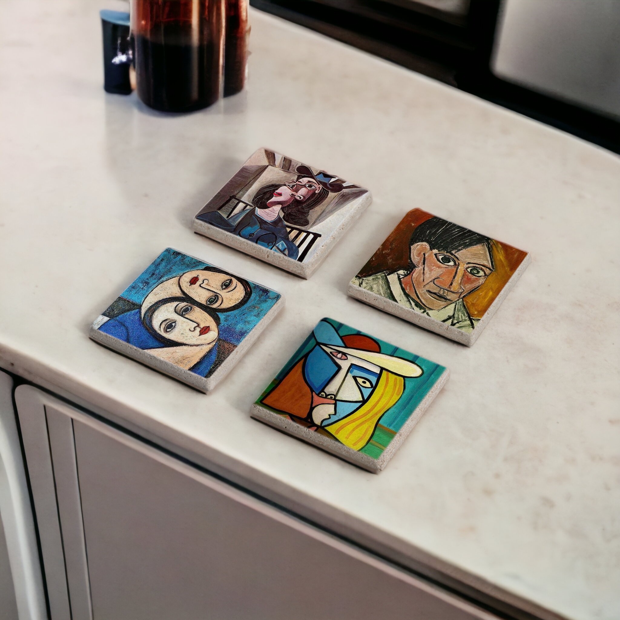 Pablo Picasso Tabloları Temalı Doğal Traverten Taş ve Ahşap Bardak Altlığı Stone Coasters 4 lü Set