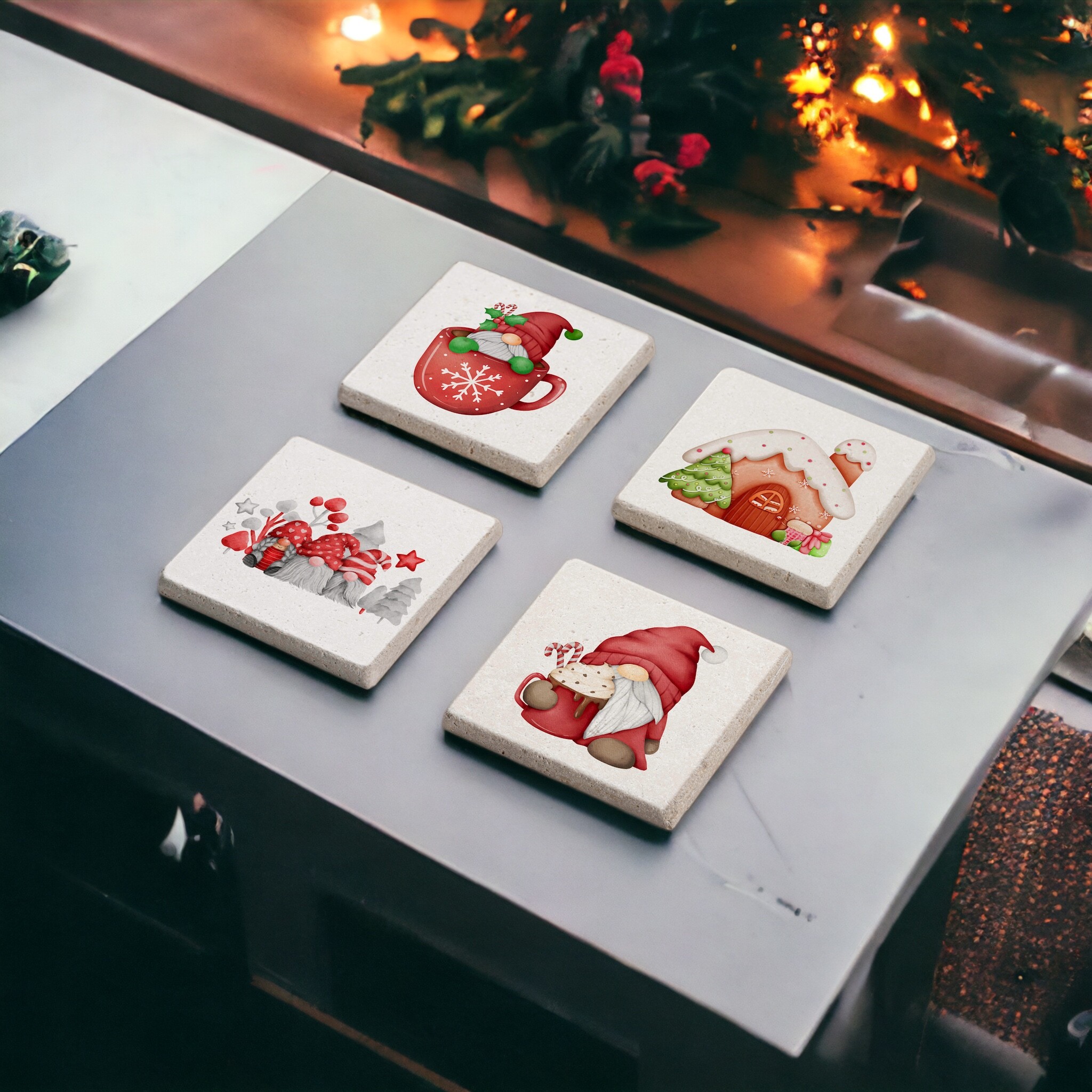 Gnomes Tema Yılbaşı ve Noel Doğal Taş Traverten Bardak Altlığı Stone Coasters 4 lü Set