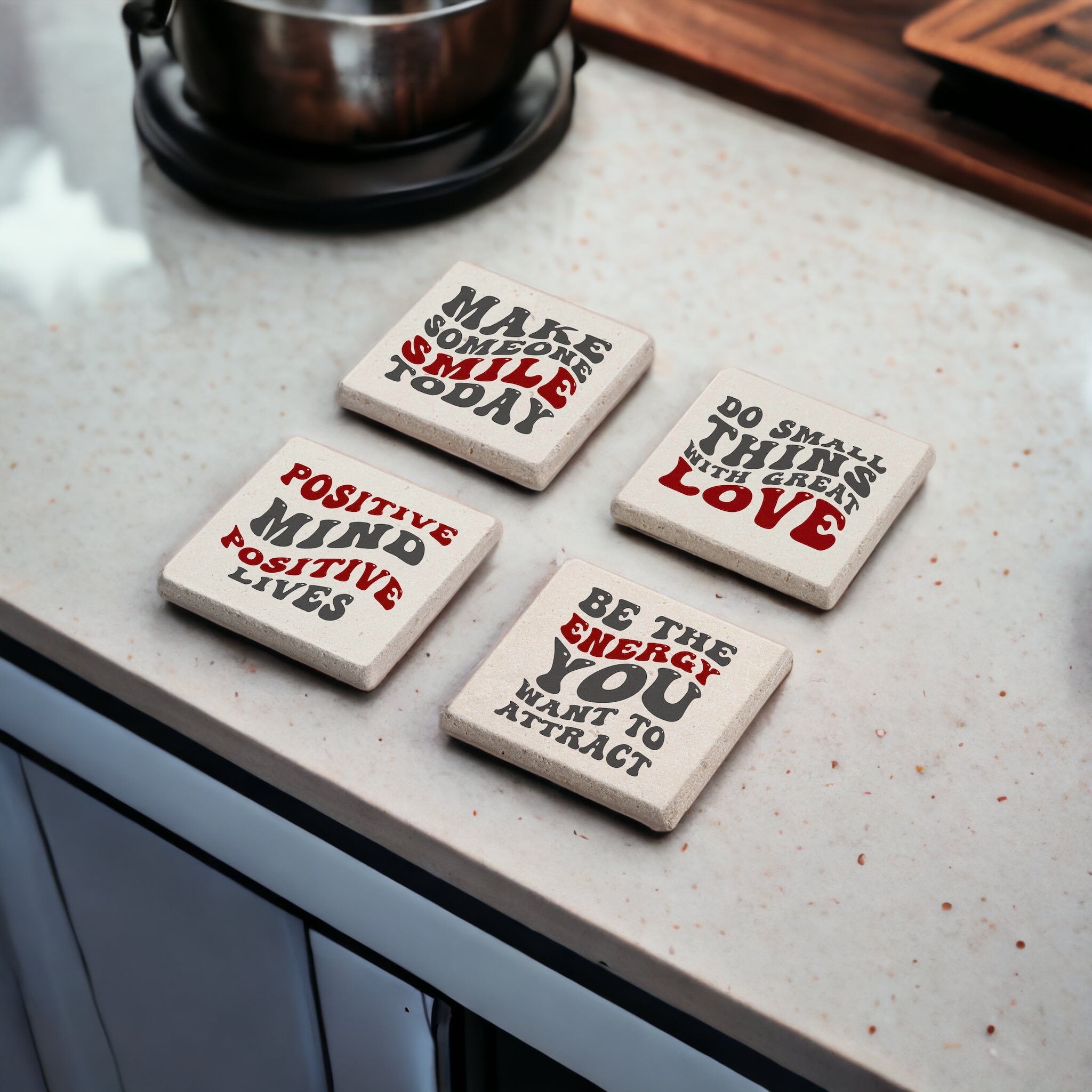 Motto Motivasyon Quote Temalı Doğal Taş Traverten Bardak Altlığı Stone Coasters 4 lü Set