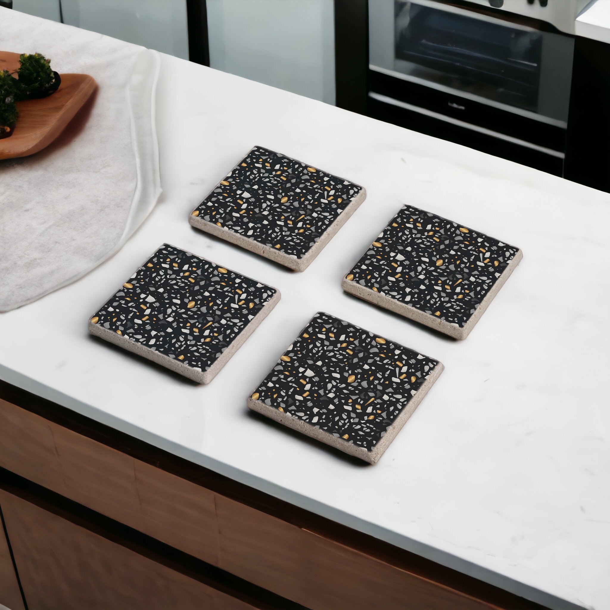 Siyah Terrazzo Desen Doğal Taş Traverten Bardak Altlığı Stone Coasters 4 lü Set