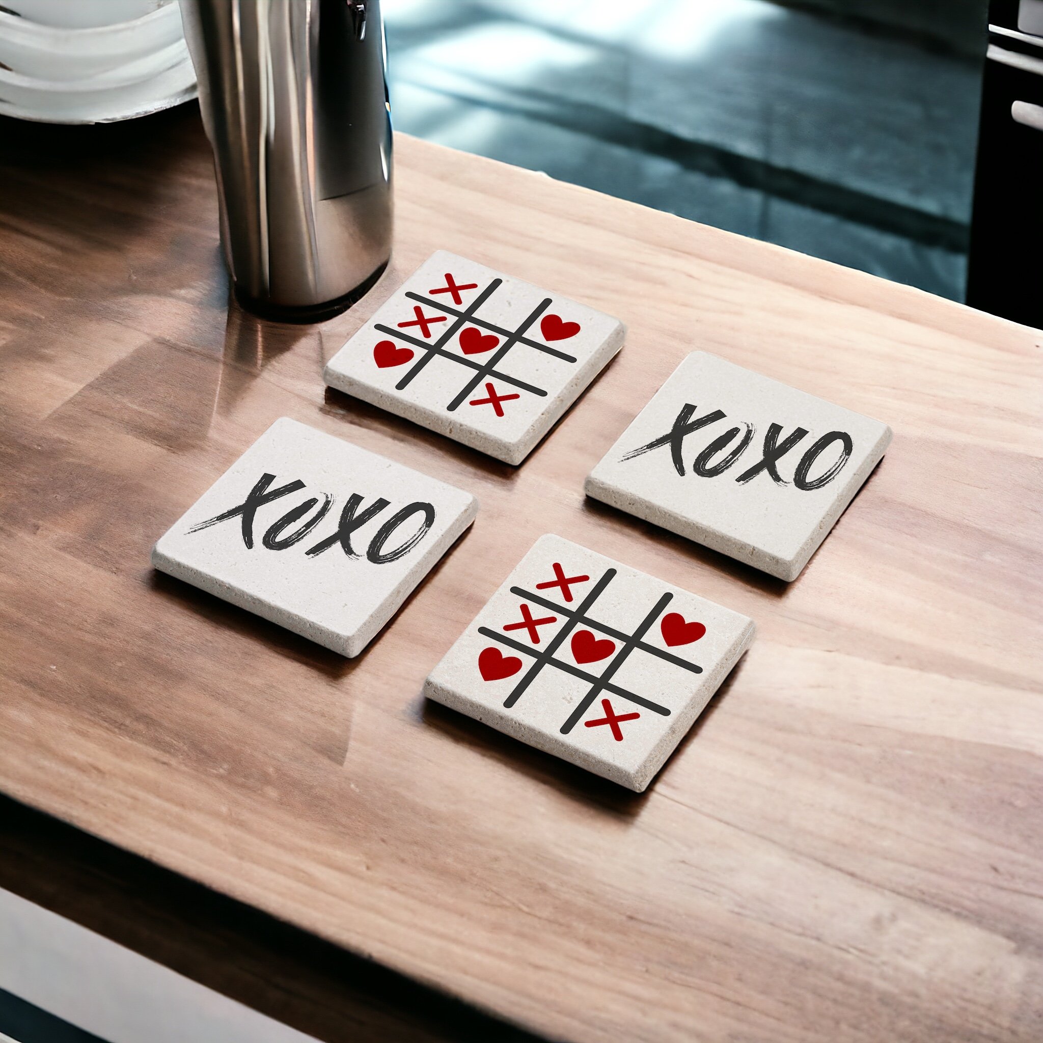 Love ve Aşk Temalı Xoxo Sevgililer Günü Hediyesi Doğal Taş Traverten Bardak Altlığı Stone Coasters 4 lü Set