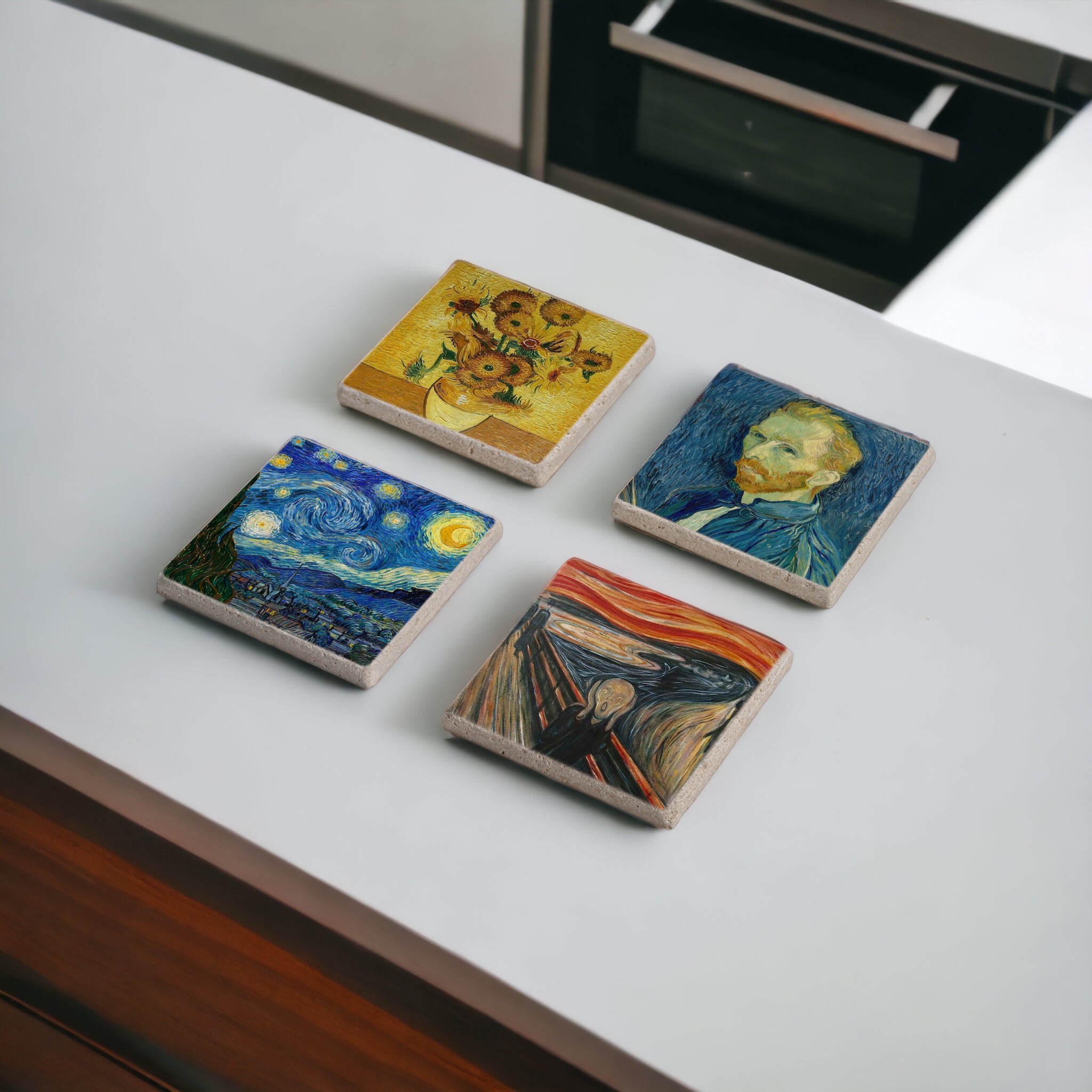 Vincent Van Gogh Vase with Fifteen Sunflowers Starry Night Doğal Taş ve Ahşap Bardak Altlığı Stone Coasters 4 lü Set