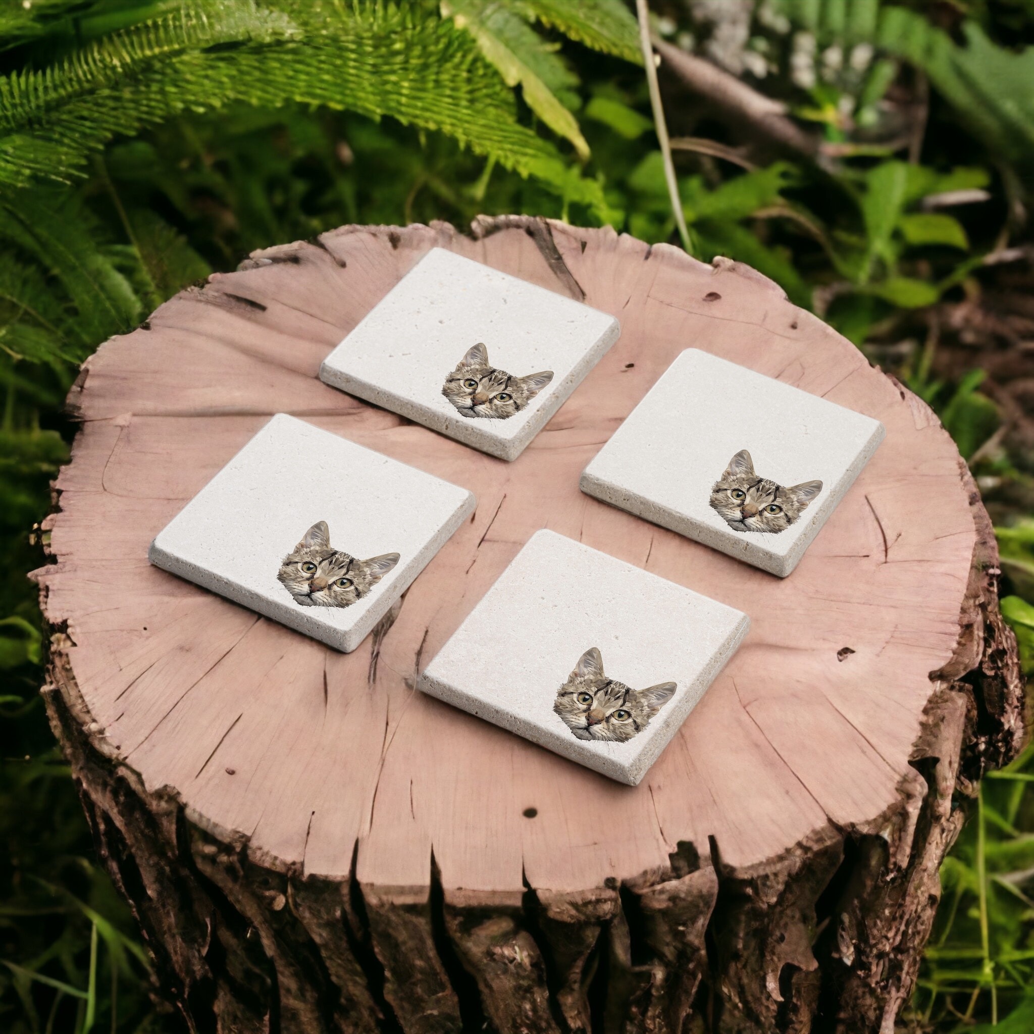 Sevimli Kedi Temalı Cute Kitten Doğal Taş Traverten Bardak Altlığı Stone Coasters 4 lü Set