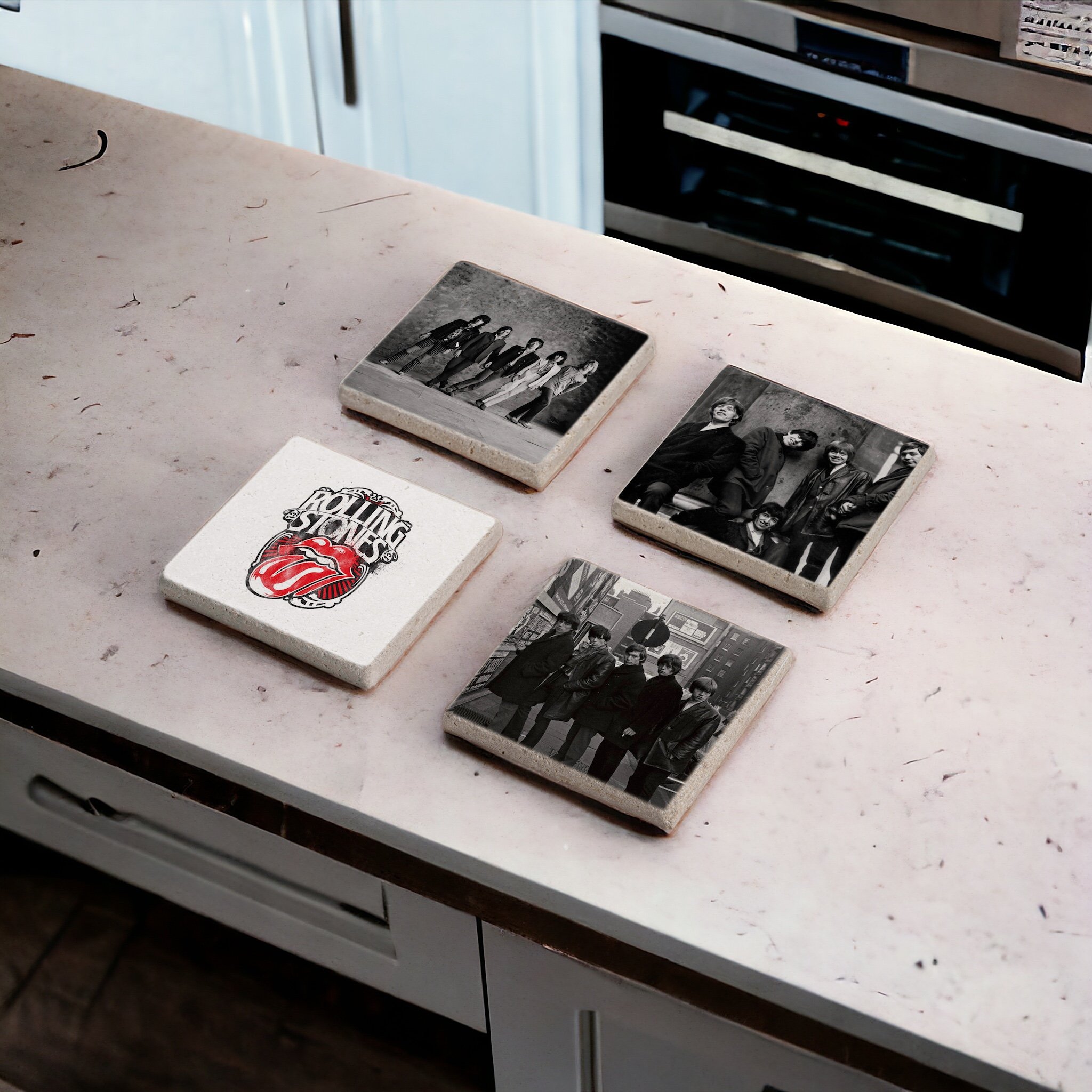 The Rolling Stones Rock Grubu Doğal Taş Traverten Bardak Altlığı Stone Coasters 4 lü Set