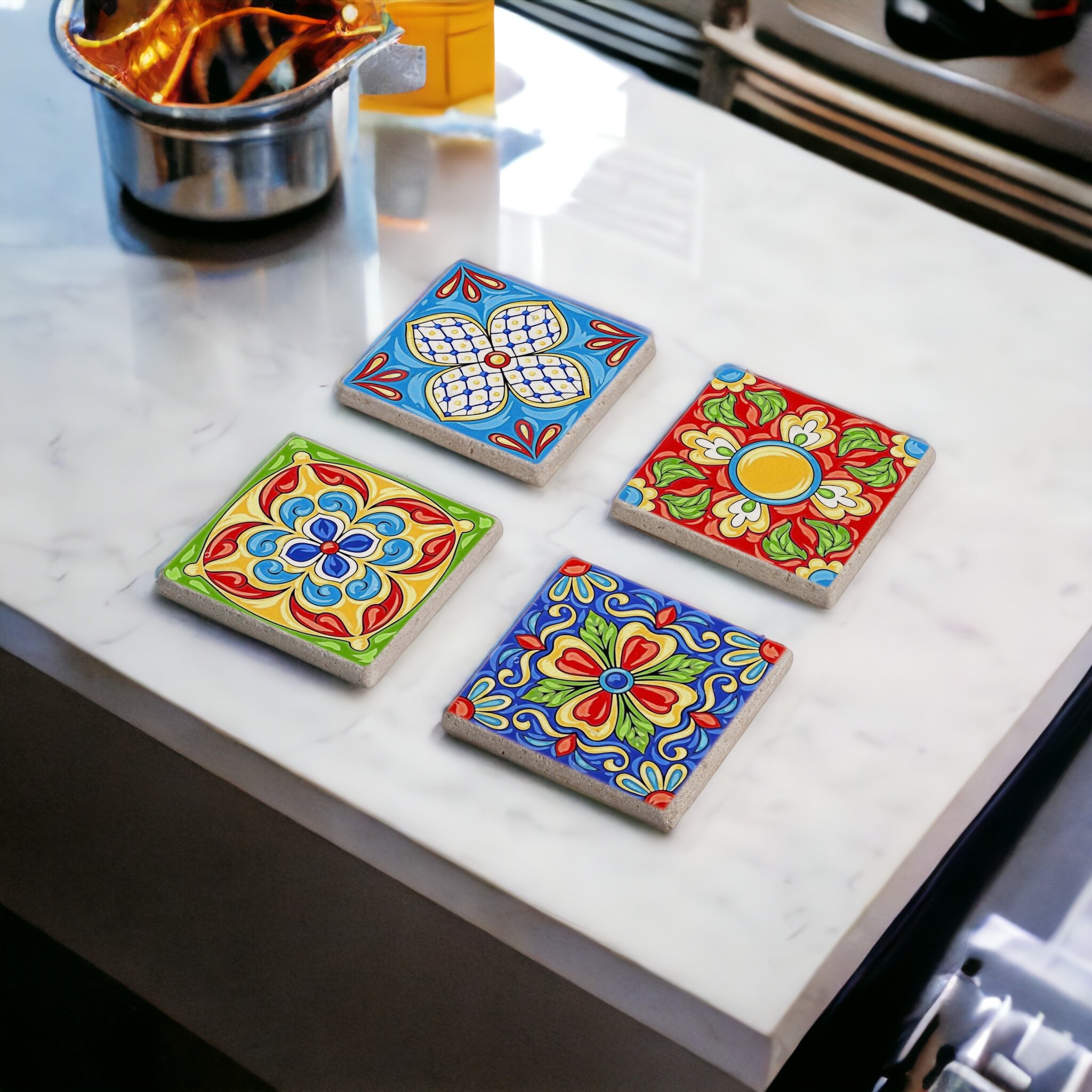 Renkli Moroccan Tile Temalı Mexican Talavera Doğal Taş Traverten Bardak Altlığı Stone Coasters 4 lü Set