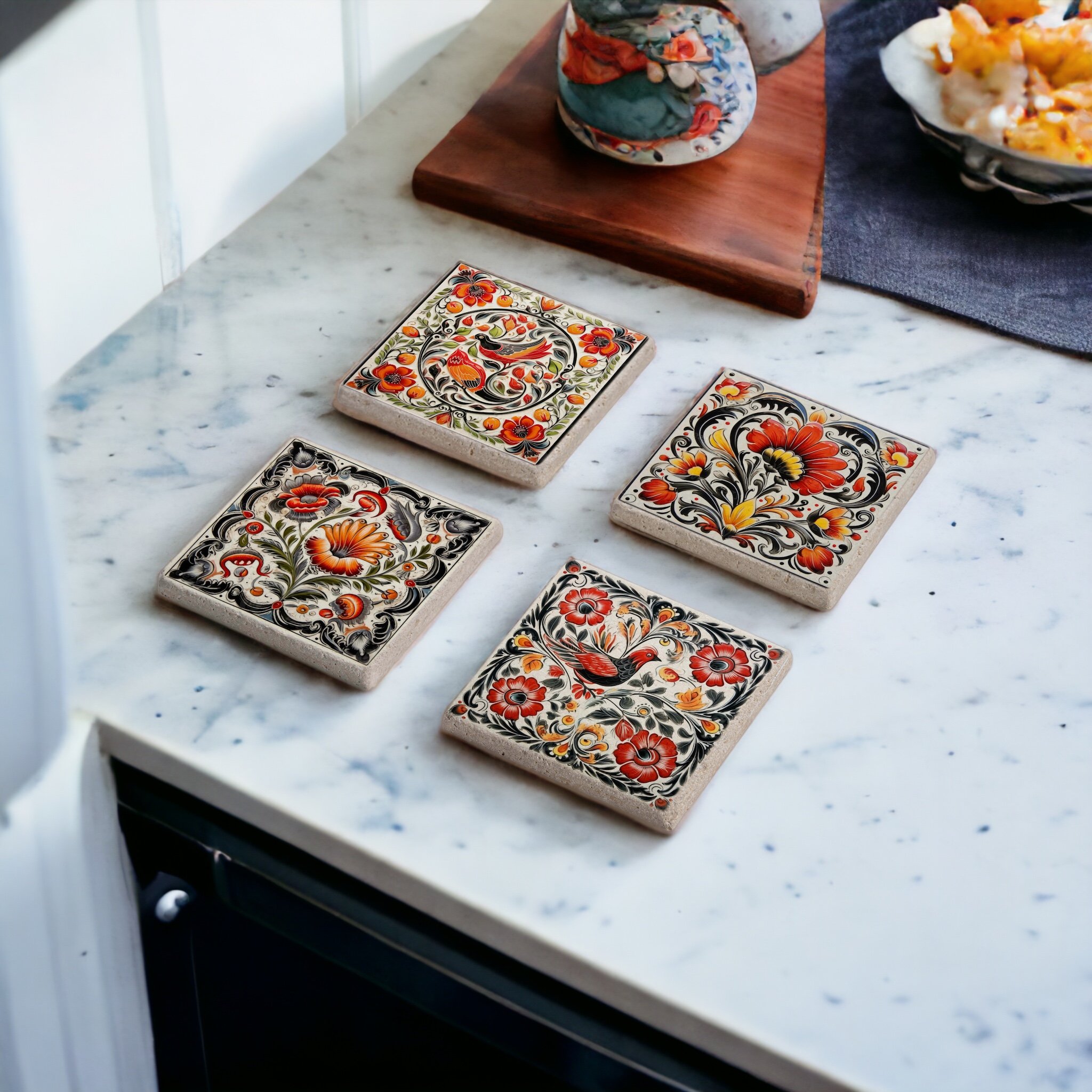 Kırmızı Floral Tile Desen Temalı Mexican Talavera Doğal Taş Traverten Bardak Altlığı Stone Coasters 4 lü Set