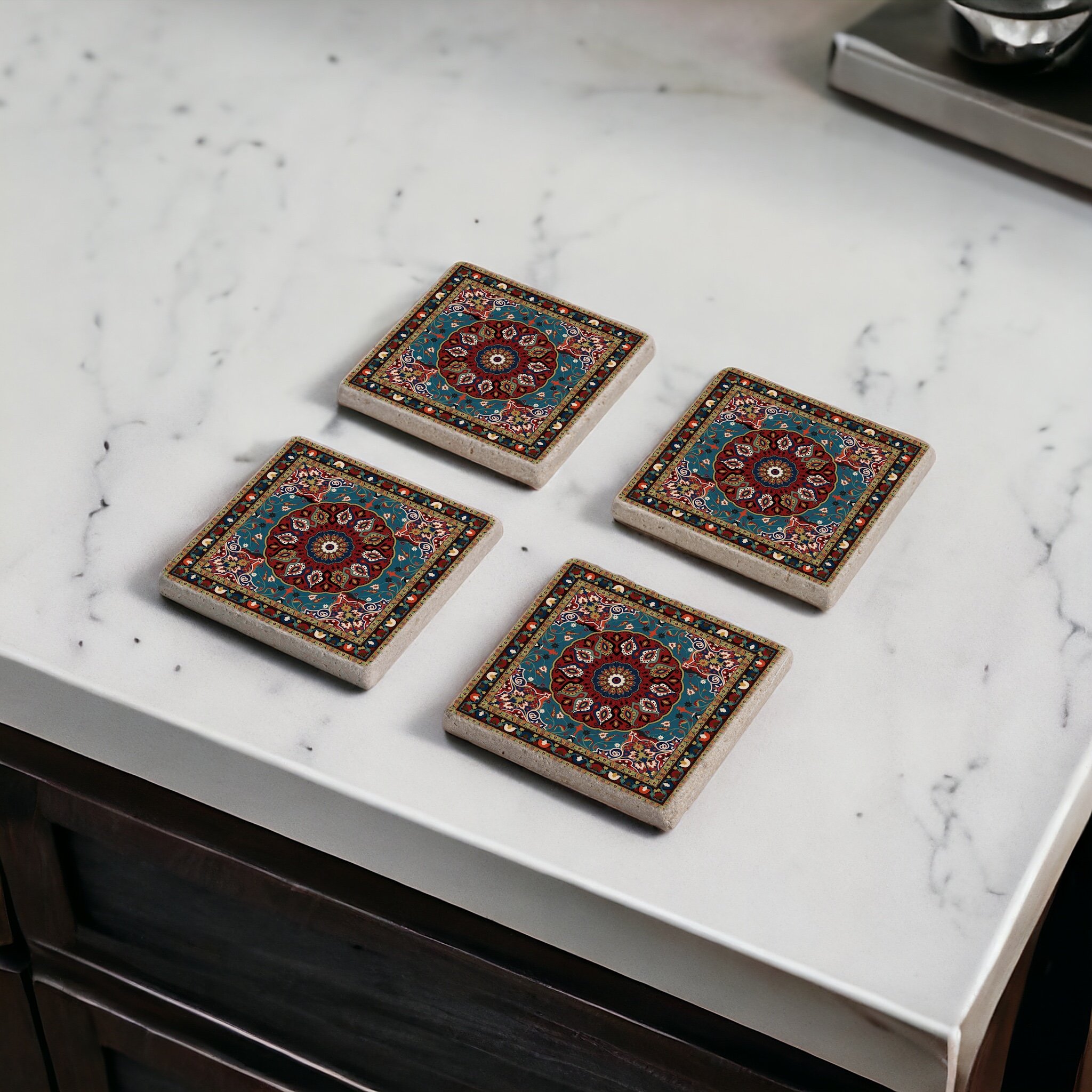 Etnik Kilim Desen Tile Mexican Talavera Doğal Taş Traverten Bardak Altlığı Stone Coasters 4 lü Set